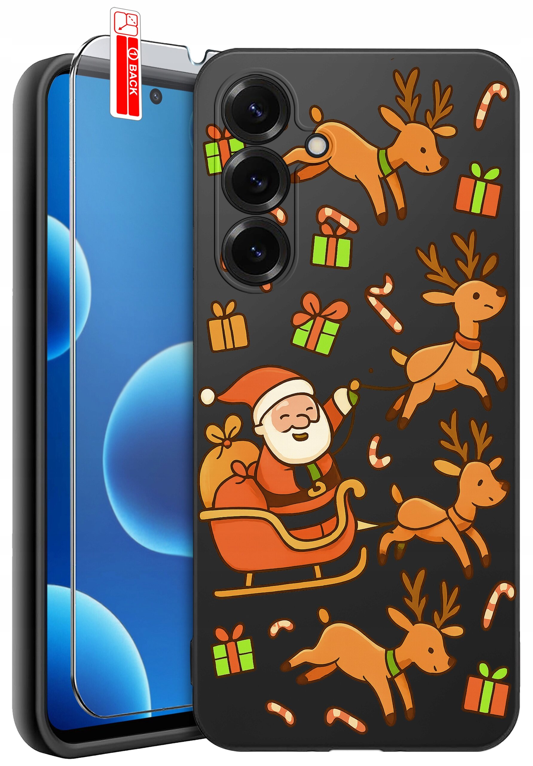 Etui na telefon z motywem świątecznym przedstawiającym Mikołaja w saniach, renifery, prezenty i laski cukrowe. Obok etui znajduje się szkło ochronne z napisem \'BACK\'.