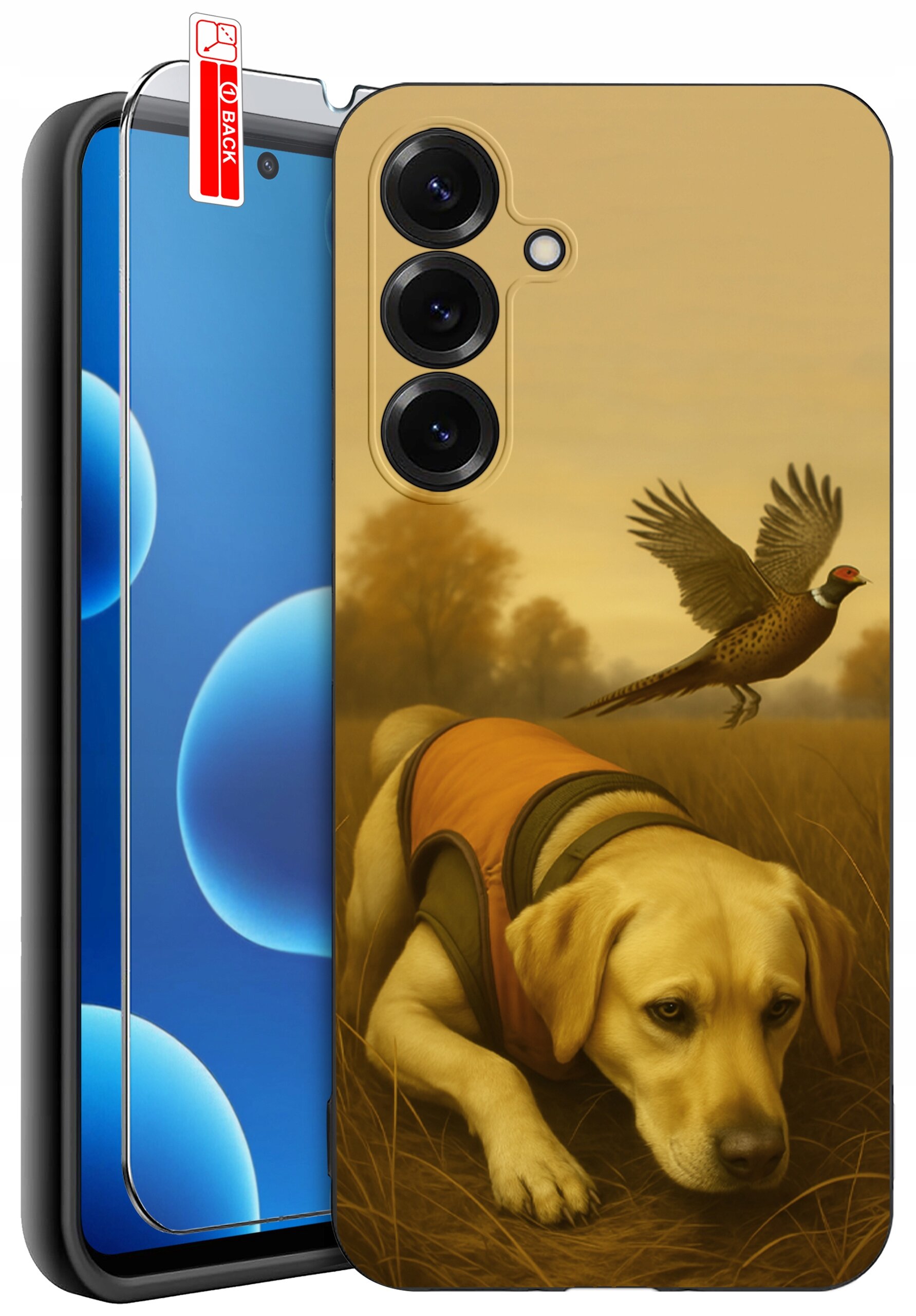 Etui na telefon z nadrukiem psa w pomarańczowej kamizelce i lecącego ptaka na tle jesiennego krajobrazu. Obok widoczna jest szybka ochronna z napisem \'BACK\'.