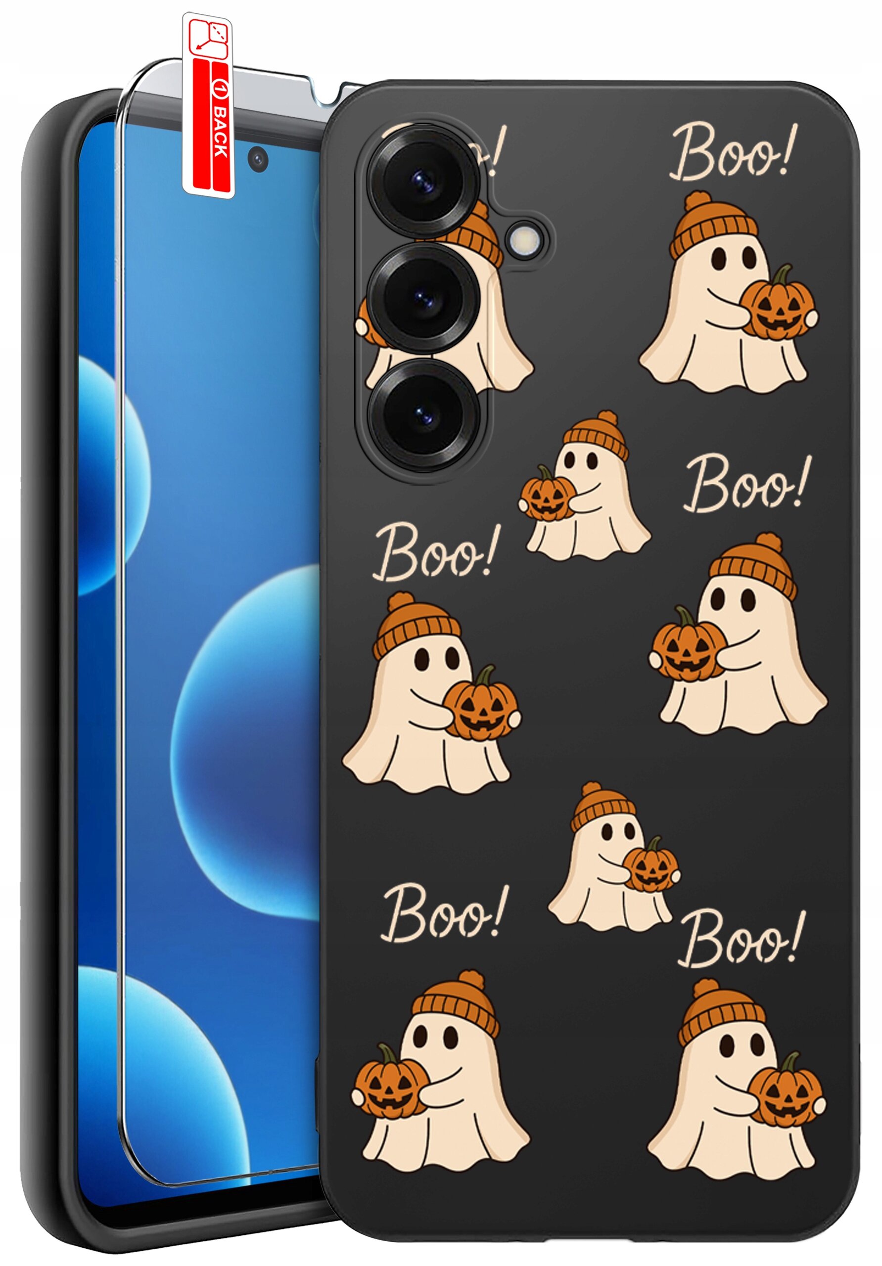 Etui na telefon z wzorem duchów trzymających dynie i napisem \'Boo!\' na ciemnym tle. Obok etui znajduje się szkło ochronne z oznaczeniem \'BACK\'.