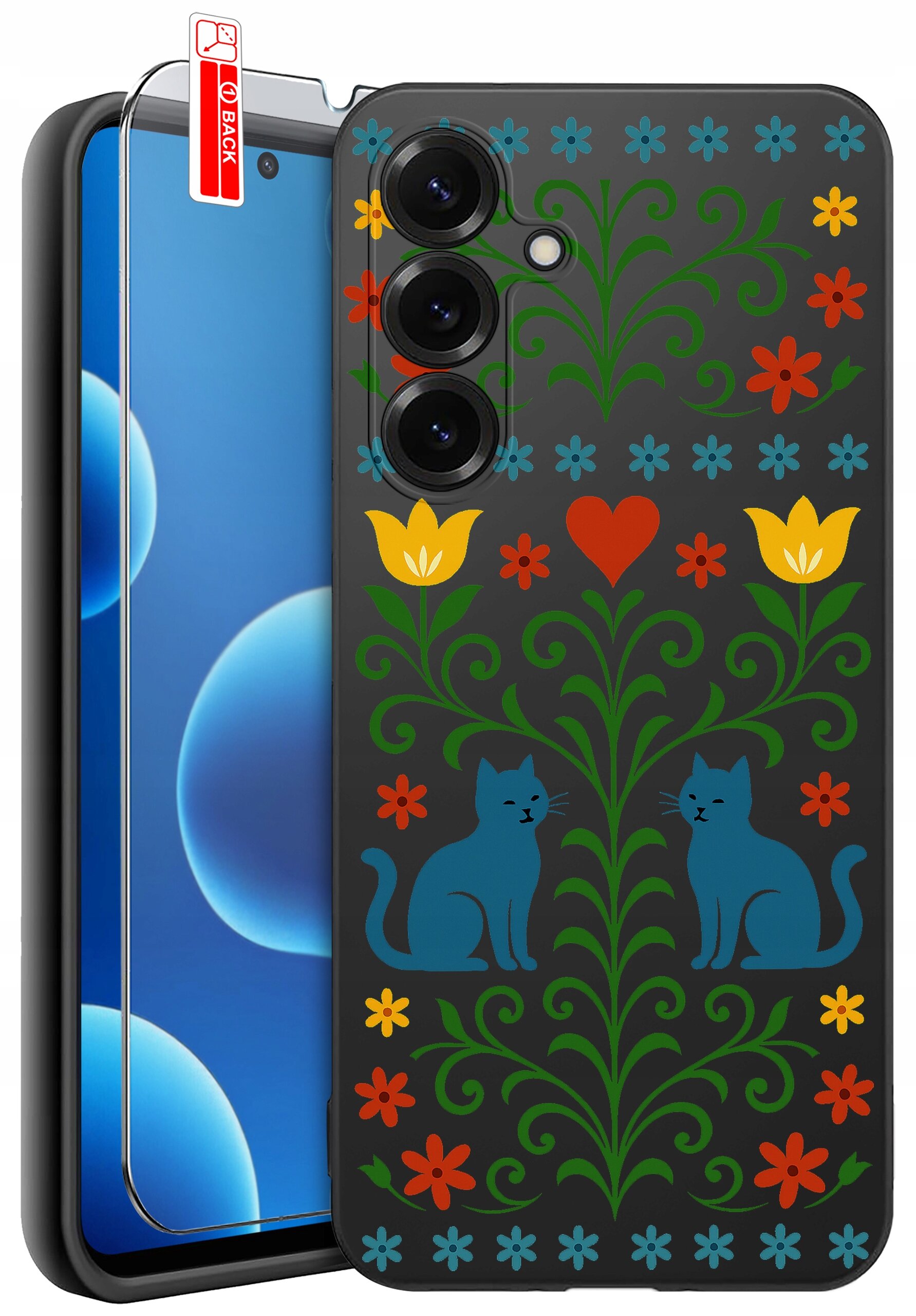 Etui na telefon z kolorowym wzorem przedstawiającym kwiaty, serce i dwa niebieskie koty. Obok etui znajduje się szkło ochronne z napisem \'BACK\'.