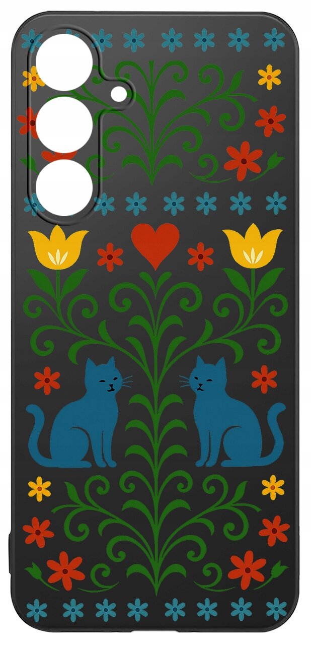 Etui na telefon z kolorowym wzorem przedstawiającym dwa niebieskie koty, żółte kwiaty i czerwone serce na czarnym tle.