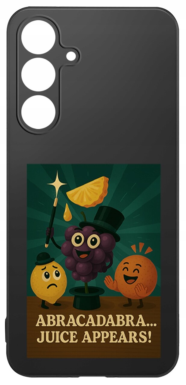 Czarne etui z grafiką przedstawiającą owoce: winogrono w cylindrze, cytrynę i pomarańczę, oraz napis \'ABRACADABRA... JUICE APPEARS!\'.