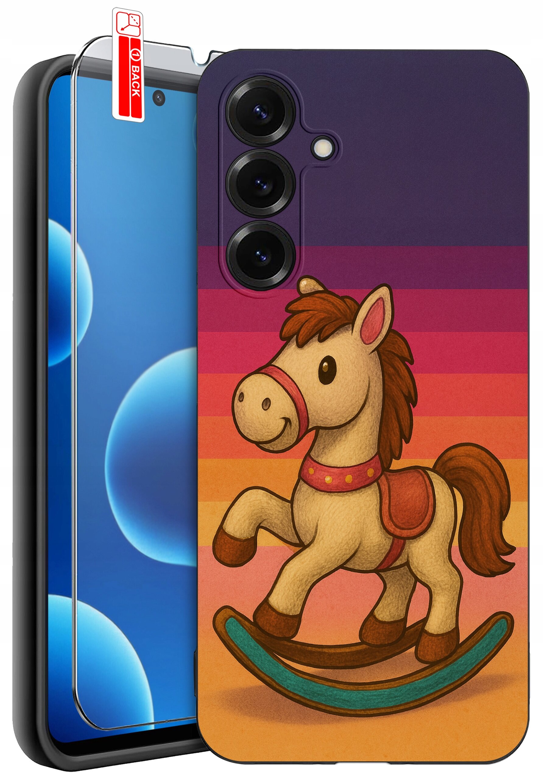 Etui na telefon z kolorowym wzorem konika na biegunach na tle gradientu w odcieniach pomarańczu i różu. Obok etui widoczne jest szkło ochronne z oznaczeniem \'BACK\'.