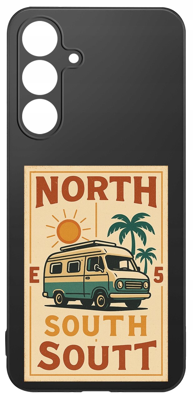 Czarne etui na telefon z grafiką przedstawiającą samochód kempingowy, palmę i słońce oraz tekst \'NORTH SOUTH SOUTT\'.
