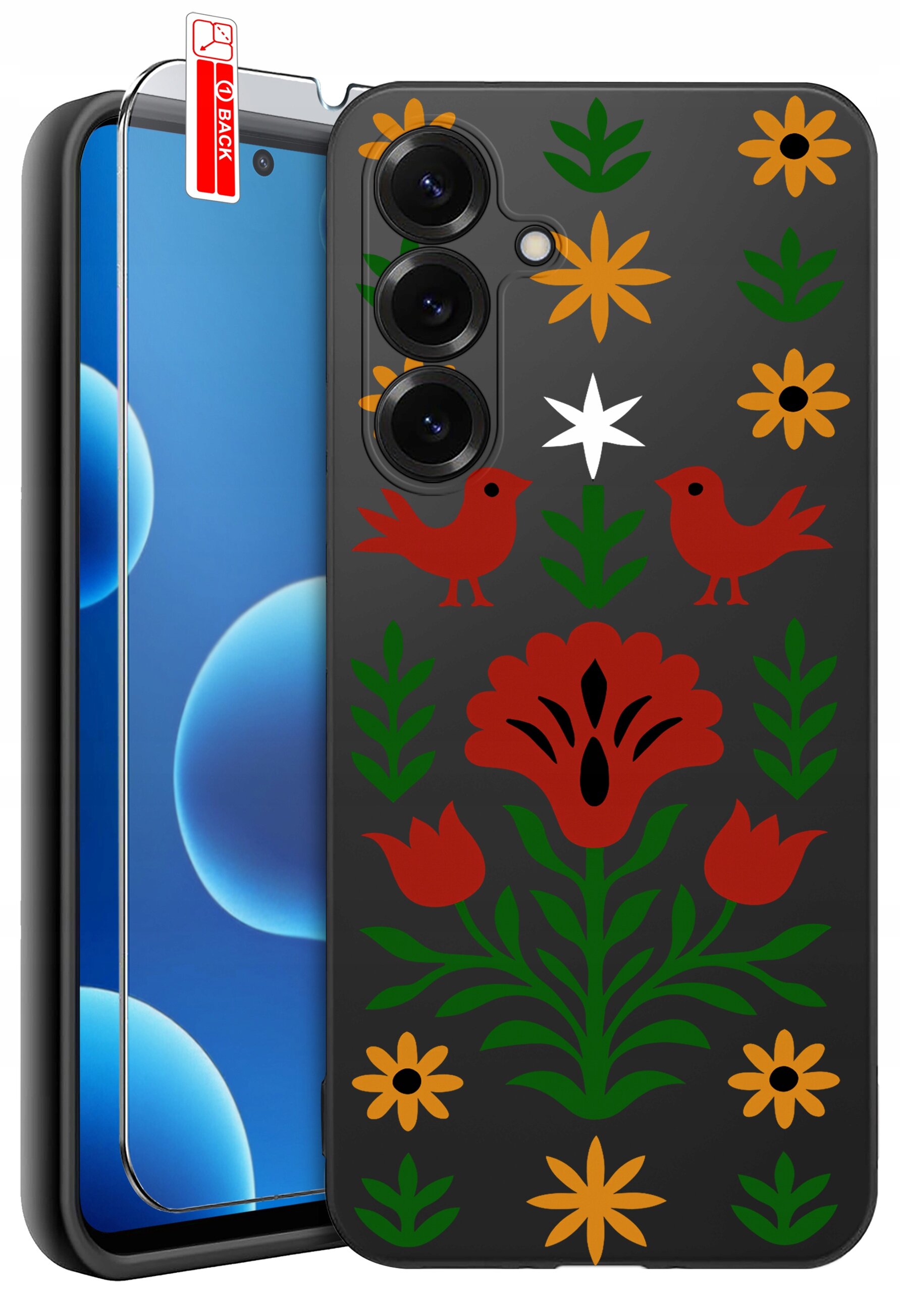 Etui na telefon z kolorowym wzorem kwiatów i ptaków na ciemnym tle, obok znajduje się szkło ochronne z napisem \'BACK\'.