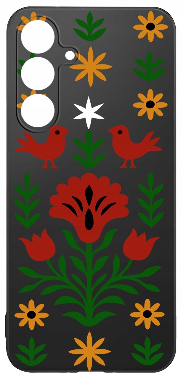 Etui na telefon z kolorowym wzorem przedstawiającym czerwone ptaki, kwiaty i liście na czarnym tle.