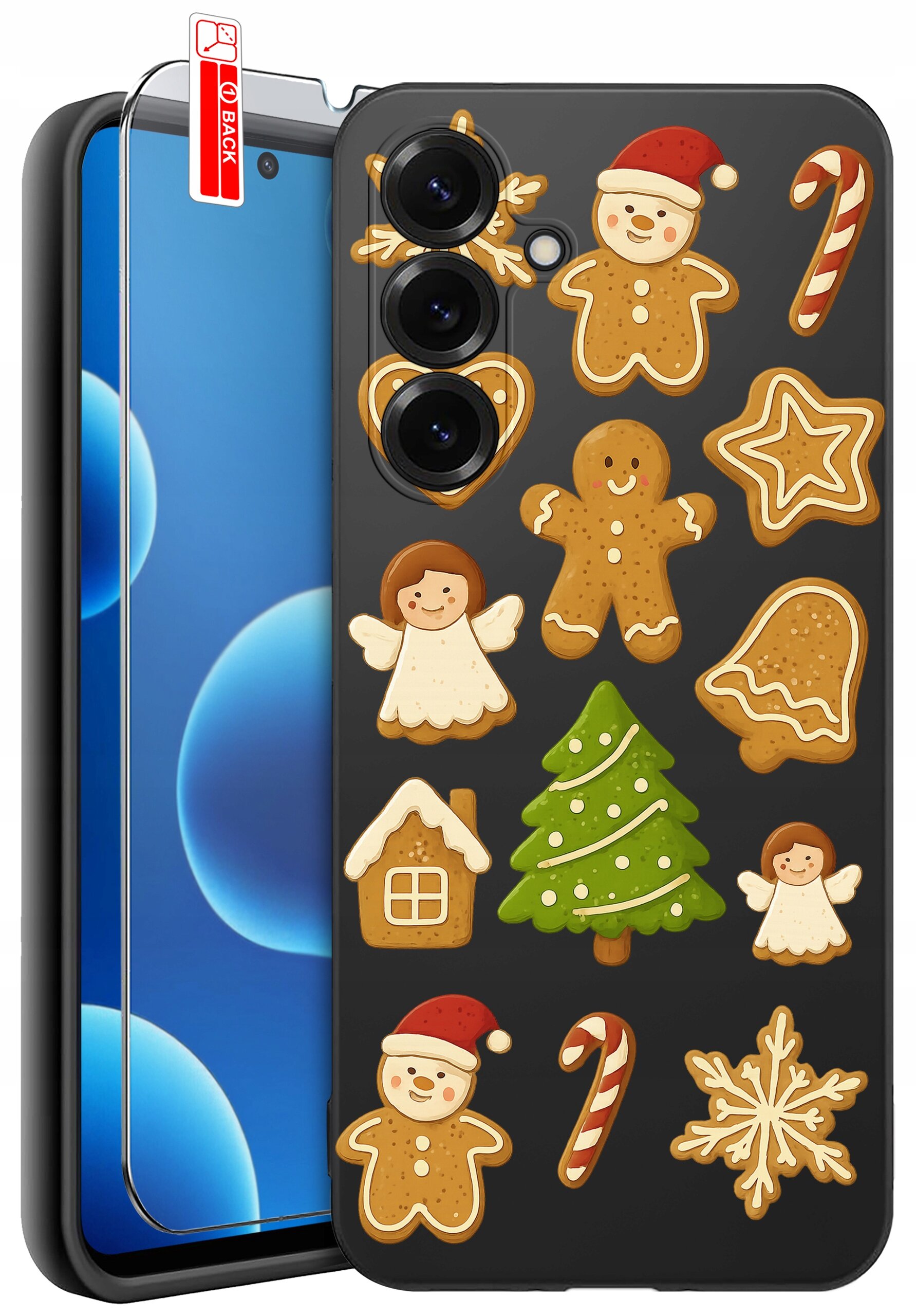 Etui na telefon z motywem świątecznych pierników, w tym ludzików, choinki i aniołków. Obok etui znajduje się szkło ochronne z napisem \'BACK\'.
