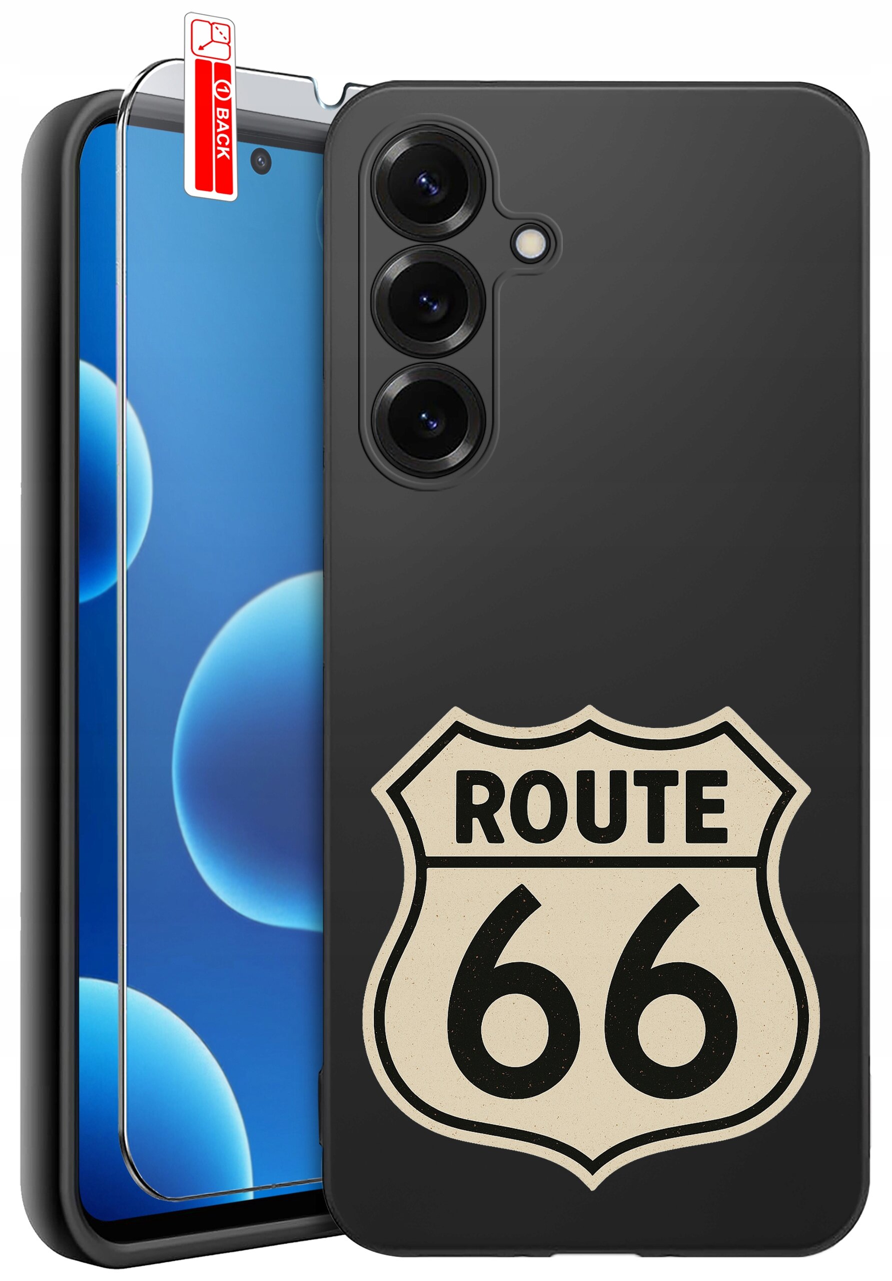 Obraz przedstawia czarne etui na telefon z nadrukiem \'ROUTE 66\' oraz szkło ochronne z oznaczeniem \'BACK\'.