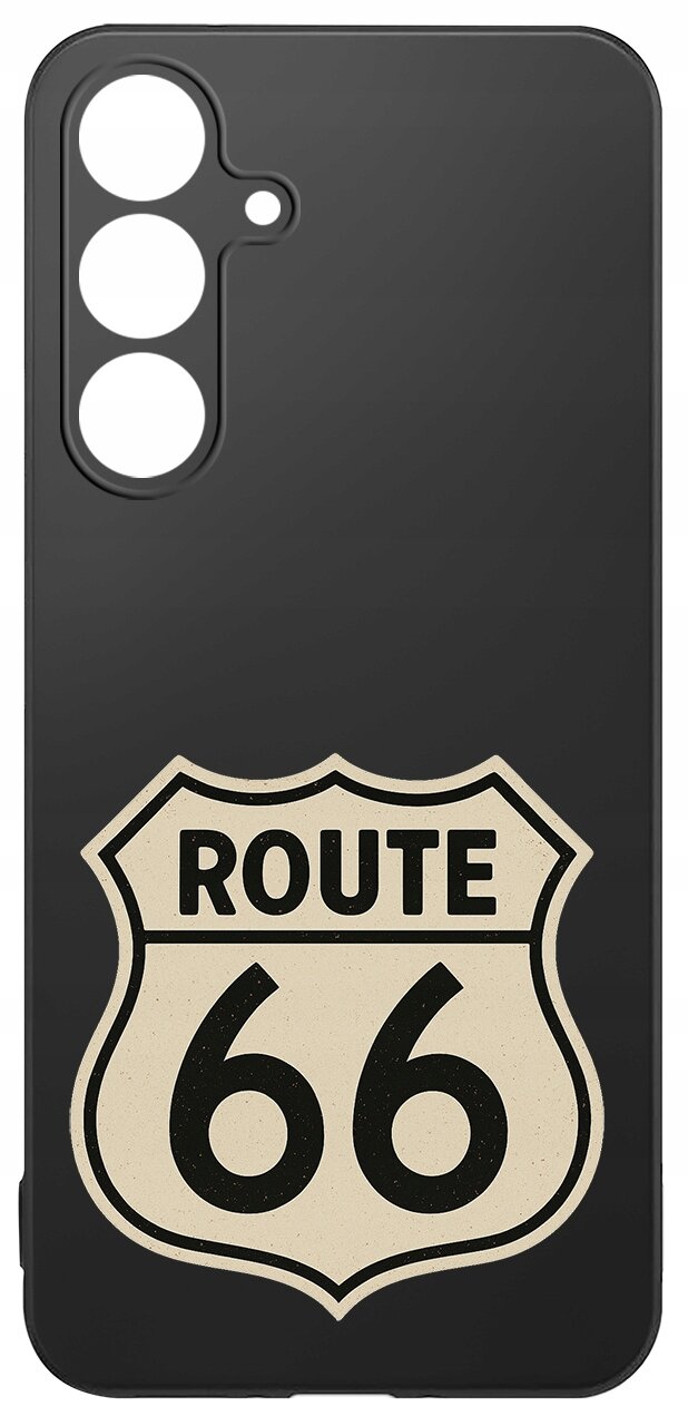 Czarne etui na telefon z nadrukiem znaku drogowego \'ROUTE 66\' w kolorze beżowym. Etui posiada wycięcia na trzy obiektywy aparatu i lampę błyskową.