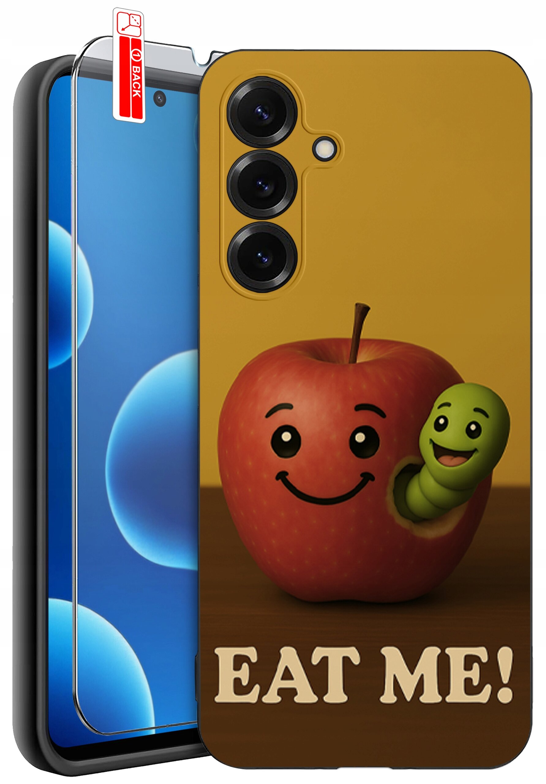 Etui na telefon z grafiką uśmiechniętego jabłka z robakiem oraz napisem \'EAT ME!\'. Obok znajduje się szkło ochronne z oznaczeniem \'BACK\'.