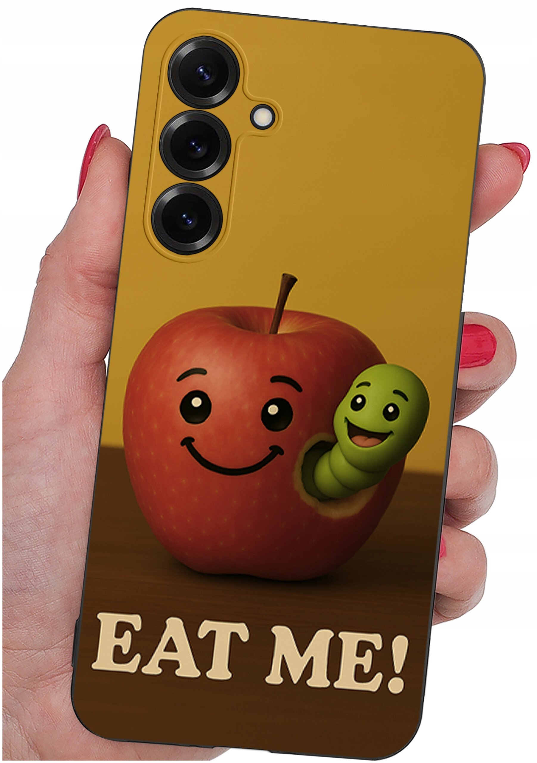 Etui na telefon z grafiką uśmiechniętego jabłka z robakiem oraz napisem \'EAT ME!\'.
