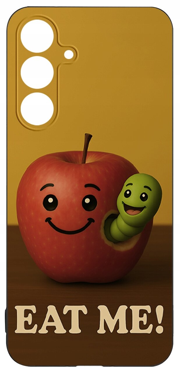Etui z grafiką przedstawiającą uśmiechnięte jabłko z robaczkiem oraz napisem \'EAT ME!\'.