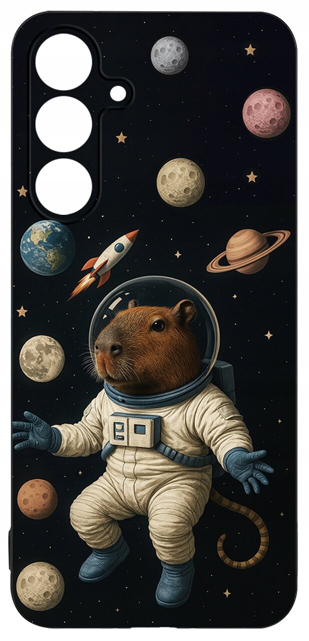 Etui przedstawia kapibarę w skafandrze kosmicznym na tle kosmosu z planetami i rakietą. Tło jest ciemne z widocznymi gwiazdami.