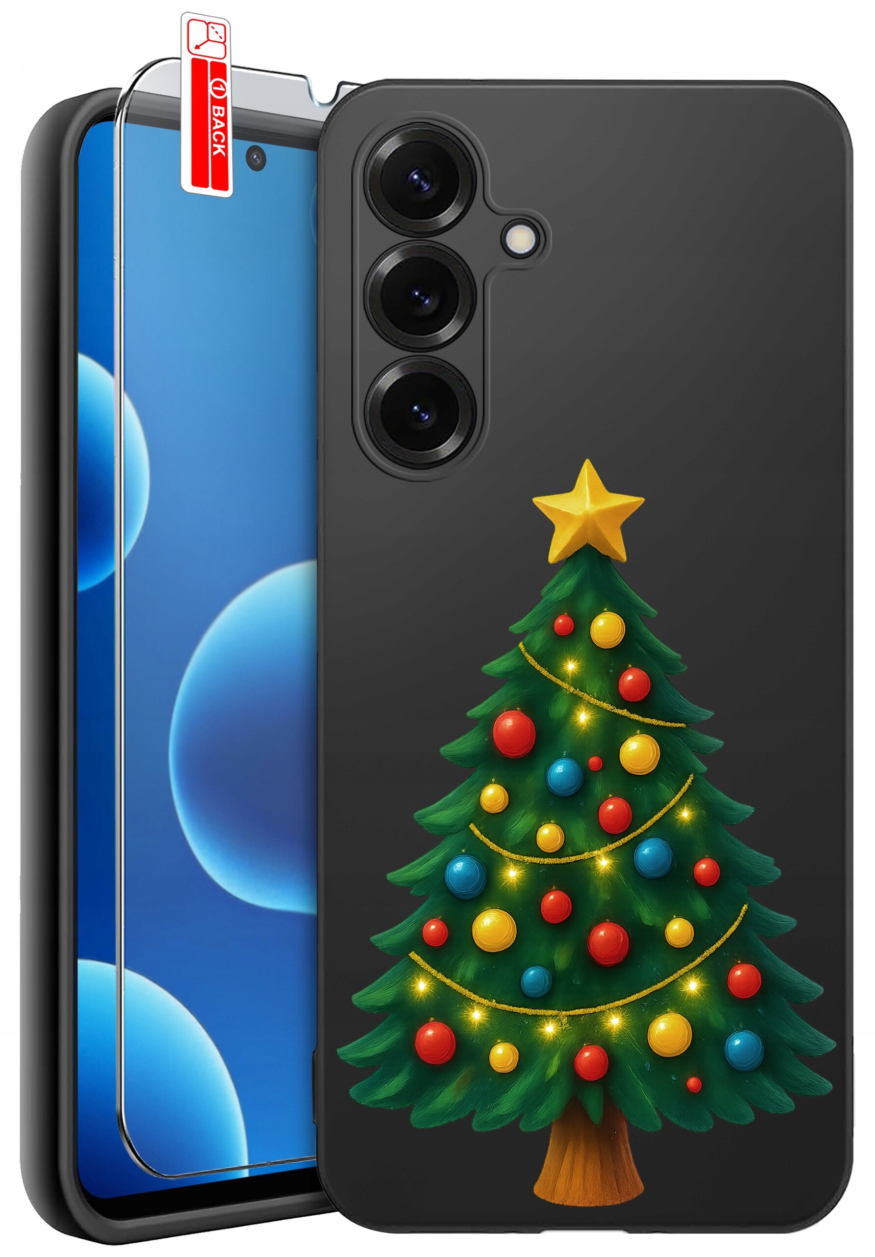 Etui na telefon z motywem choinki ozdobionej kolorowymi bombkami i gwiazdą na szczycie. Obok znajduje się szkło ochronne z napisem \'BACK\'.