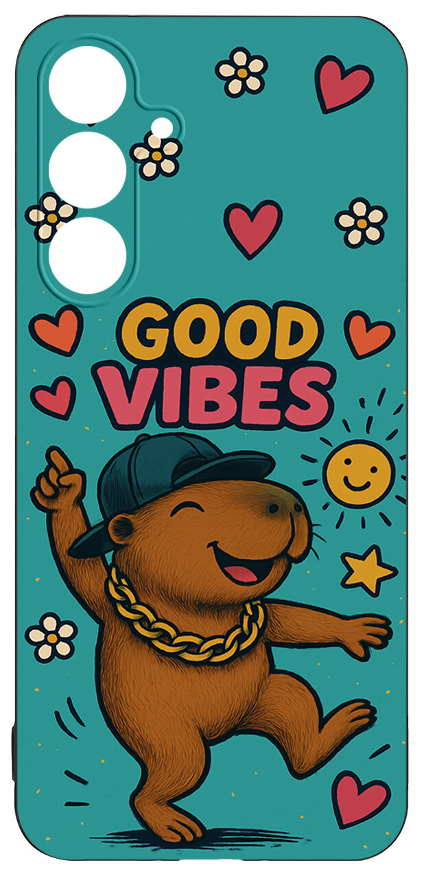 Etui na telefon z rysunkiem tańczącego zwierzęcia w czapce i łańcuchu, otoczonego sercami, kwiatkami i napisem \'GOOD VIBES\'. Tło jest turkusowe, a na etui znajdują się wycięcia na aparat.