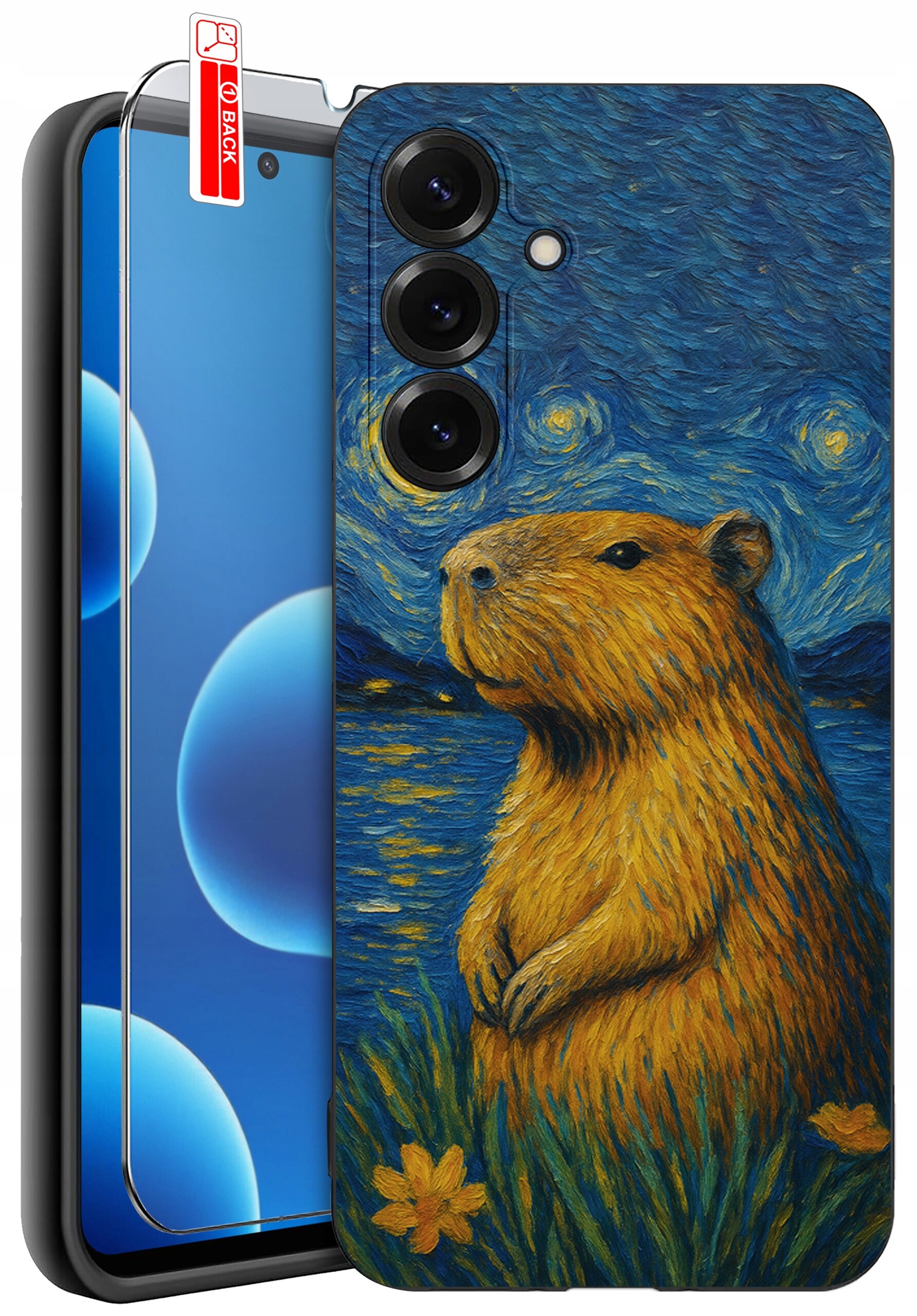 Etui na telefon z nadrukiem kapibary na tle gwiaździstego nieba, przypominającym styl malarski. Obok etui znajduje się szkło ochronne z czerwoną naklejką \'BACK\'.