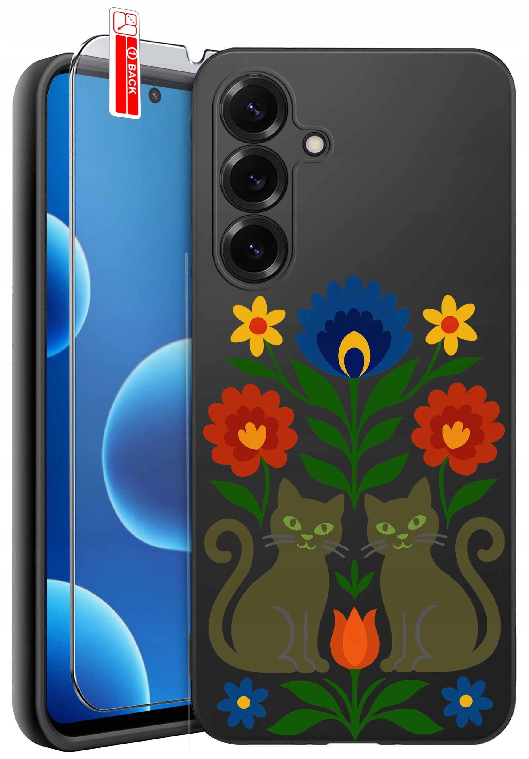 Etui na telefon z kolorowym wzorem kwiatów i dwóch kotów. Obok znajduje się szkło ochronne z napisem \'BACK\'.
