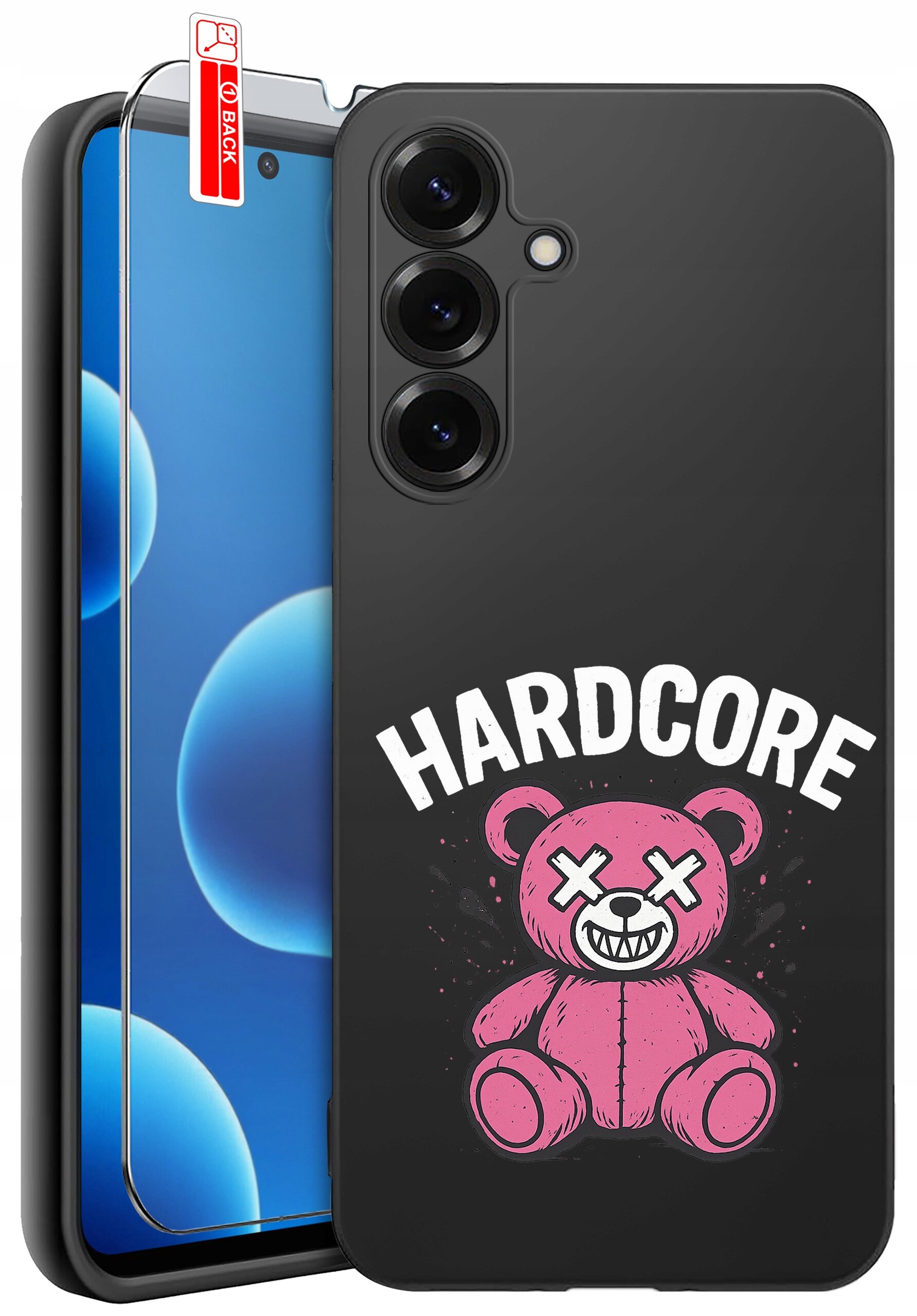 Czarne etui na telefon z nadrukiem różowego misia z krzyżykami zamiast oczu i napisem \'HARDCORE\'. Obok etui znajduje się szkło ochronne z oznaczeniem \'BACK\'.