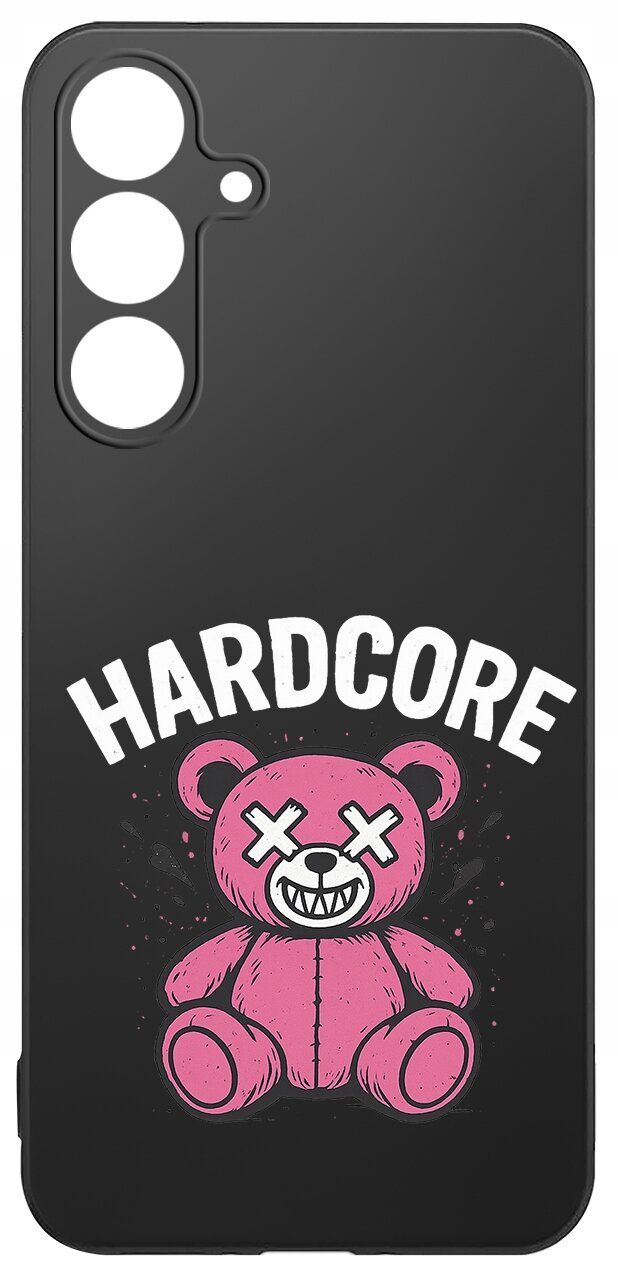 Czarne etui na telefon z nadrukiem różowego misia z zamkniętymi oczami w kształcie krzyżyków i napisem \'HARDCORE\' powyżej.