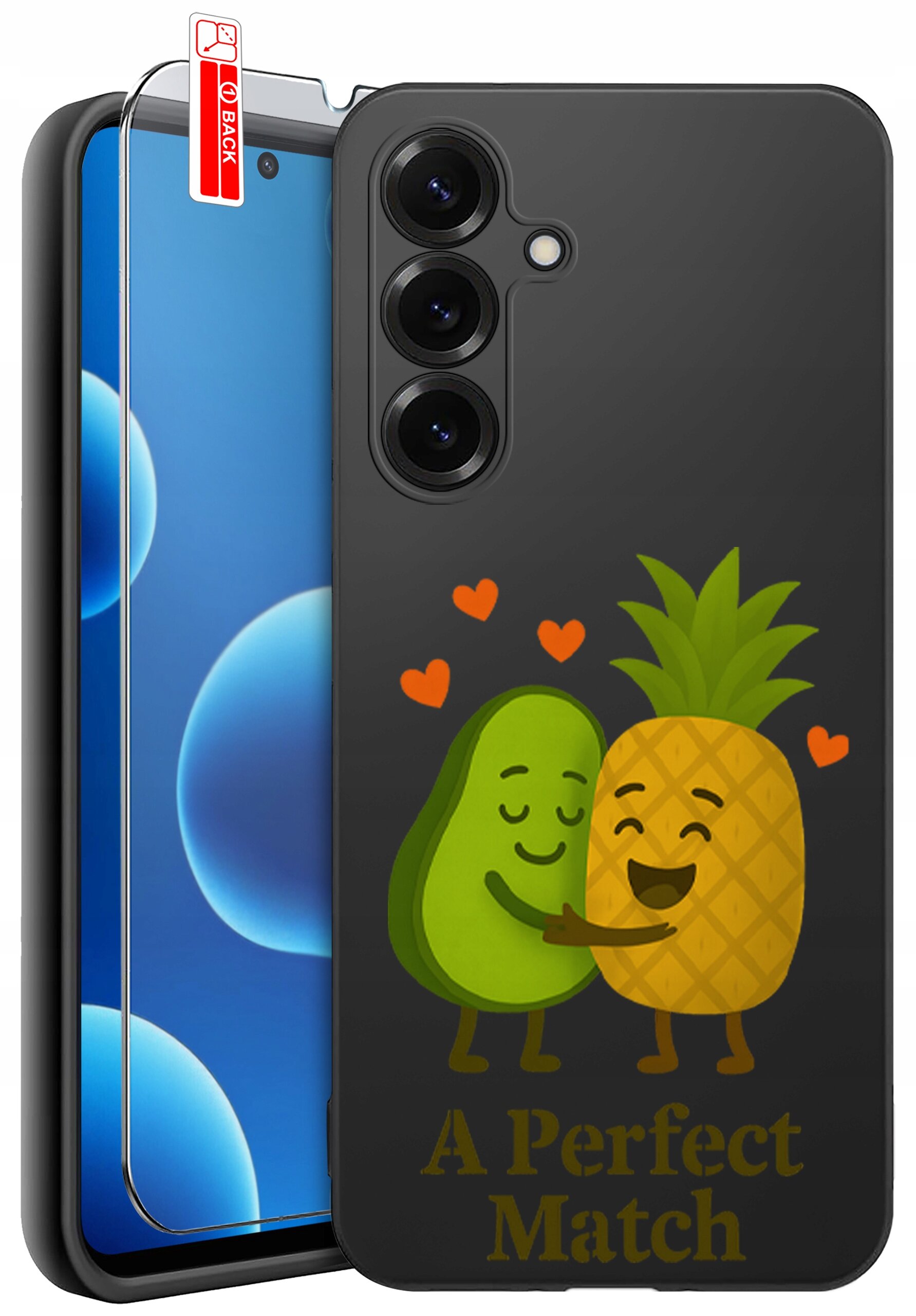 Etui na telefon z grafiką przedstawiającą uśmiechnięte awokado i ananasa z napisem \'A Perfect Match\'. Obok etui znajduje się szkło ochronne z oznaczeniem \'BACK\'.