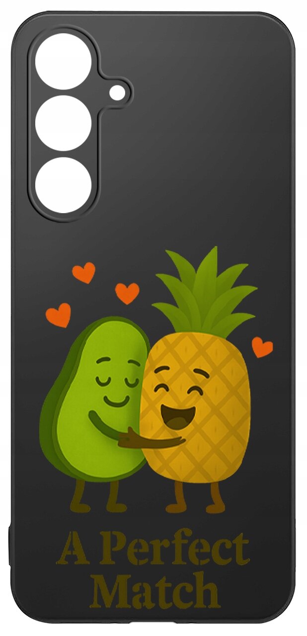 Czarne etui z grafiką przedstawiającą uśmiechnięte awokado i ananasa przytulające się, otoczone czerwonymi serduszkami. Na dole napis \'A Perfect Match\'.