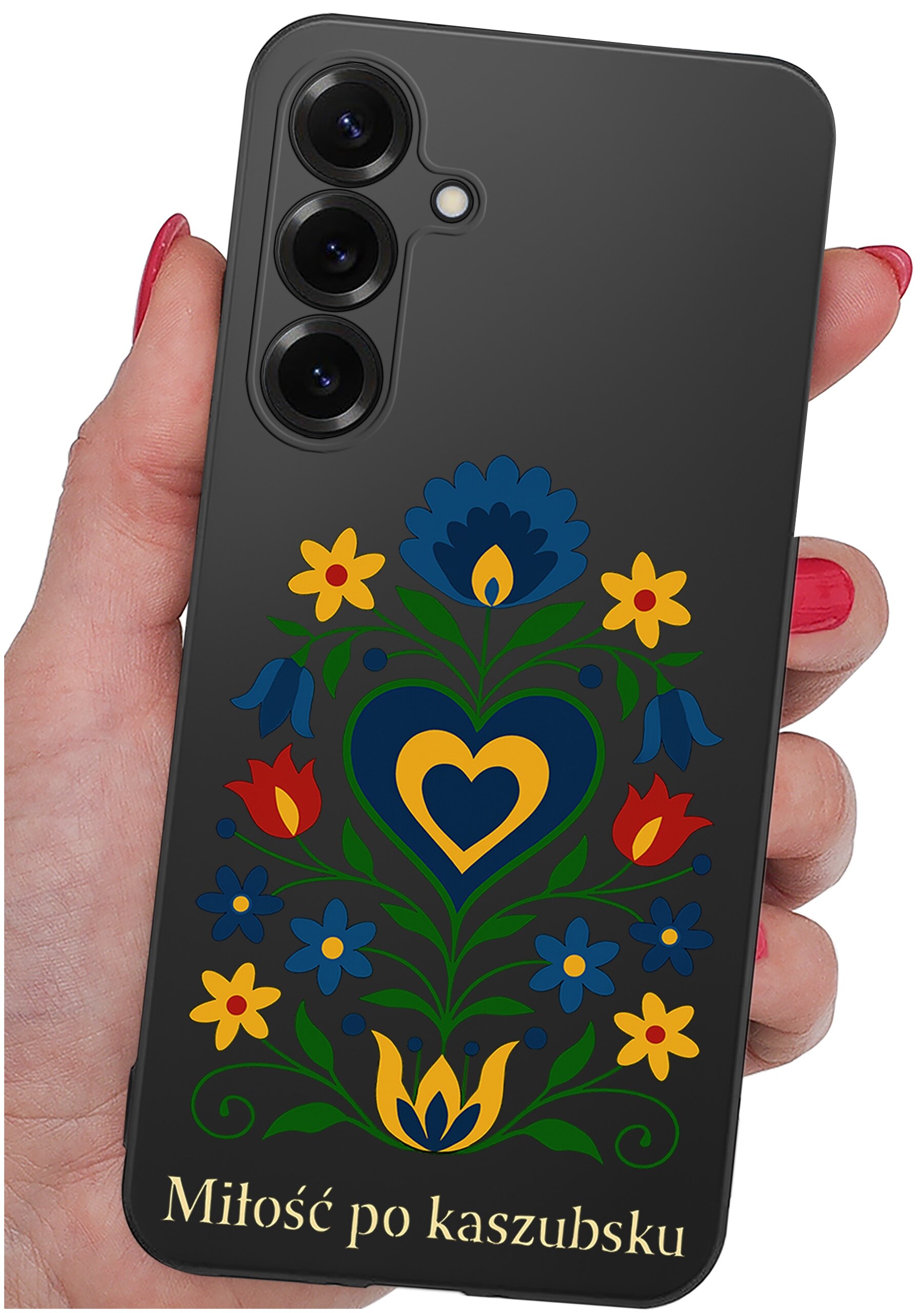 Etui na telefon z kolorowym, kwiatowym wzorem i napisem \'Miłość po kaszubsku\'.