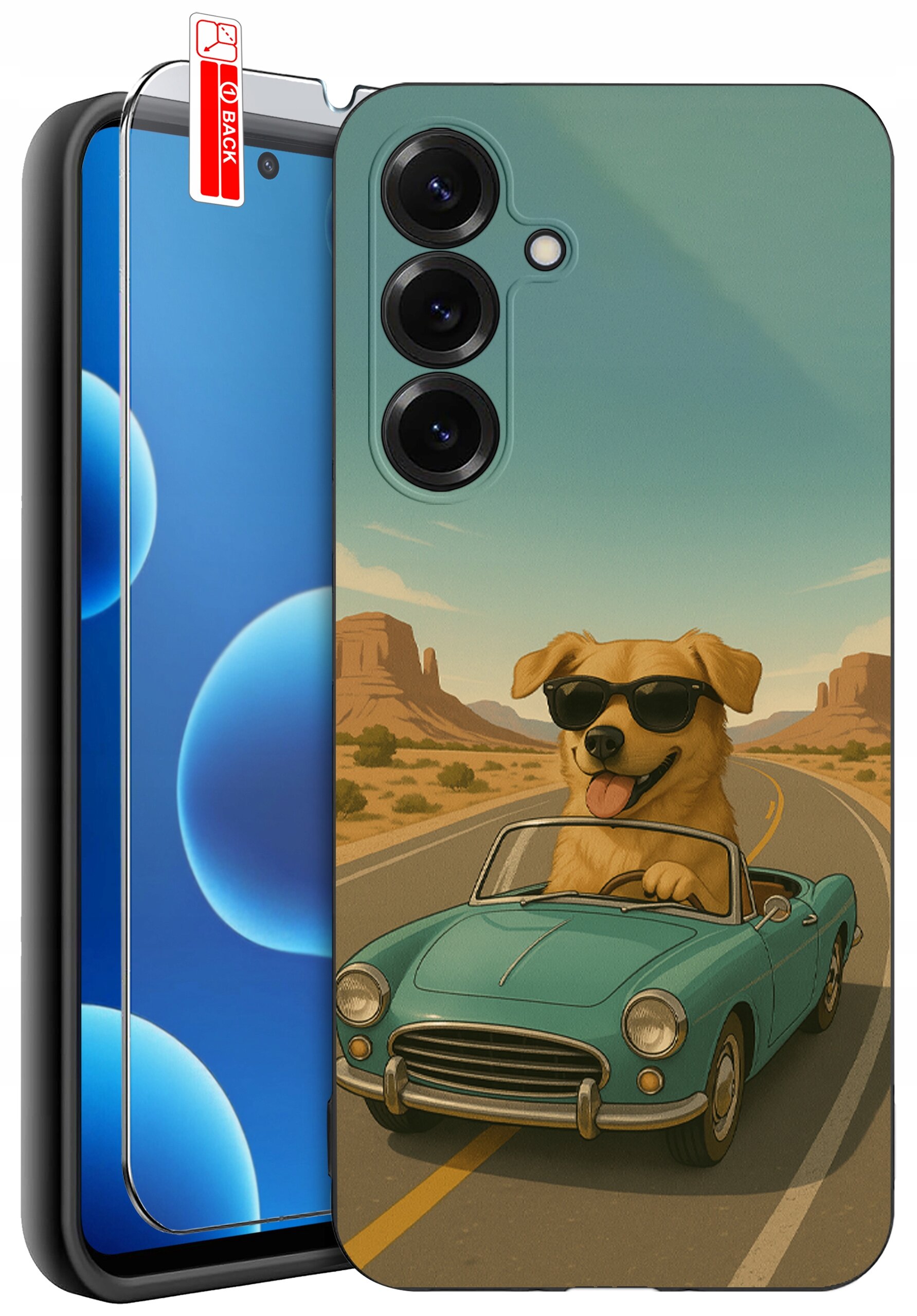 Etui na telefon z nadrukiem psa w okularach przeciwsłonecznych, prowadzącego niebieski kabriolet na pustynnej drodze. Obok etui znajduje się szkło ochronne z napisem \'BACK\'.