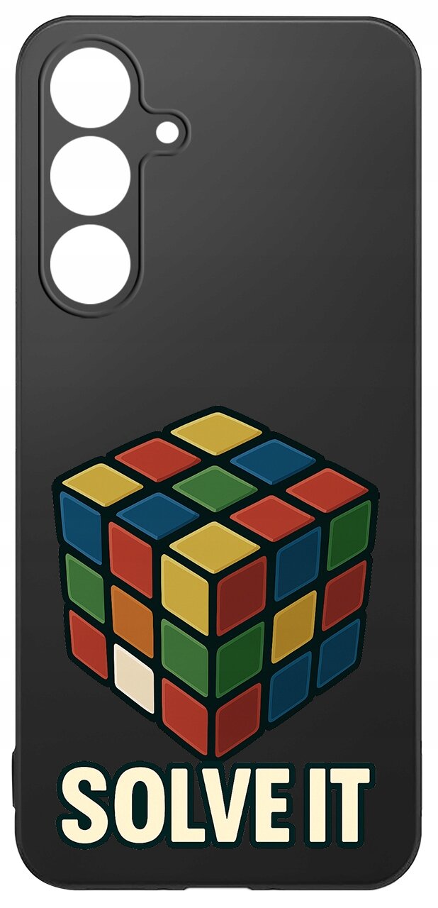Czarne etui z kolorowym wzorem kostki Rubika i napisem \'SOLVE IT\' na dole.