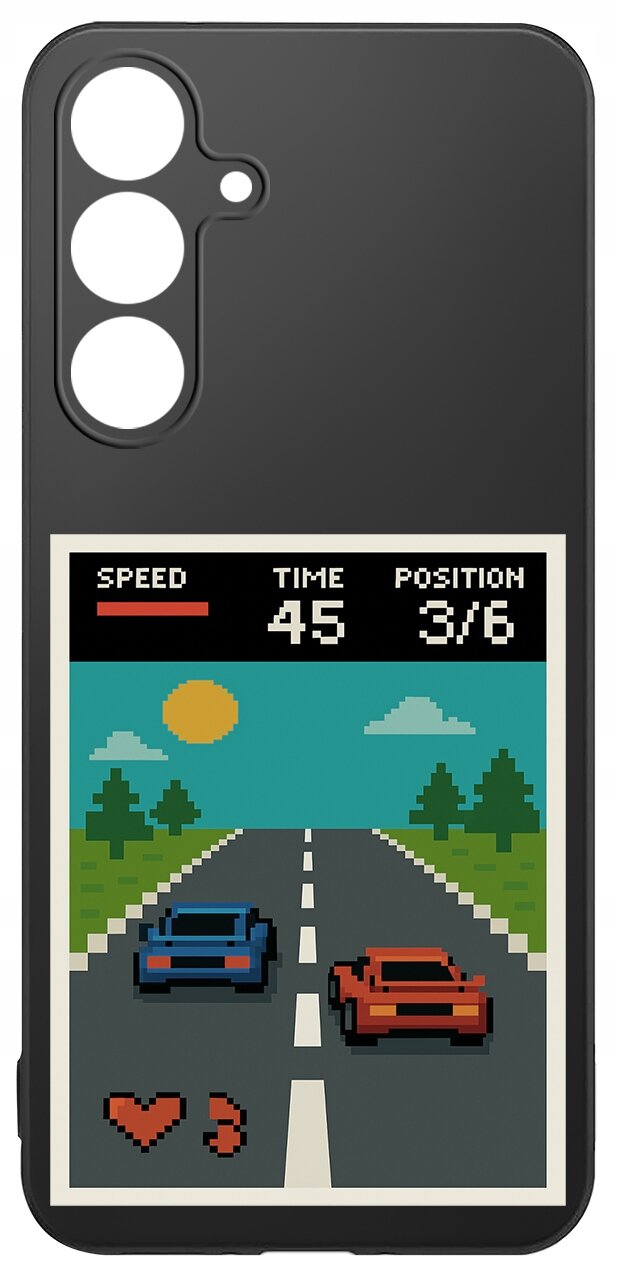 Czarne etui na telefon z grafiką przedstawiającą pikselową grę wyścigową, gdzie dwa samochody jadą po drodze. Na górze widoczny jest tekst: \'SPEED\', \'TIME 45\', \'POSITION 3/6\'.
