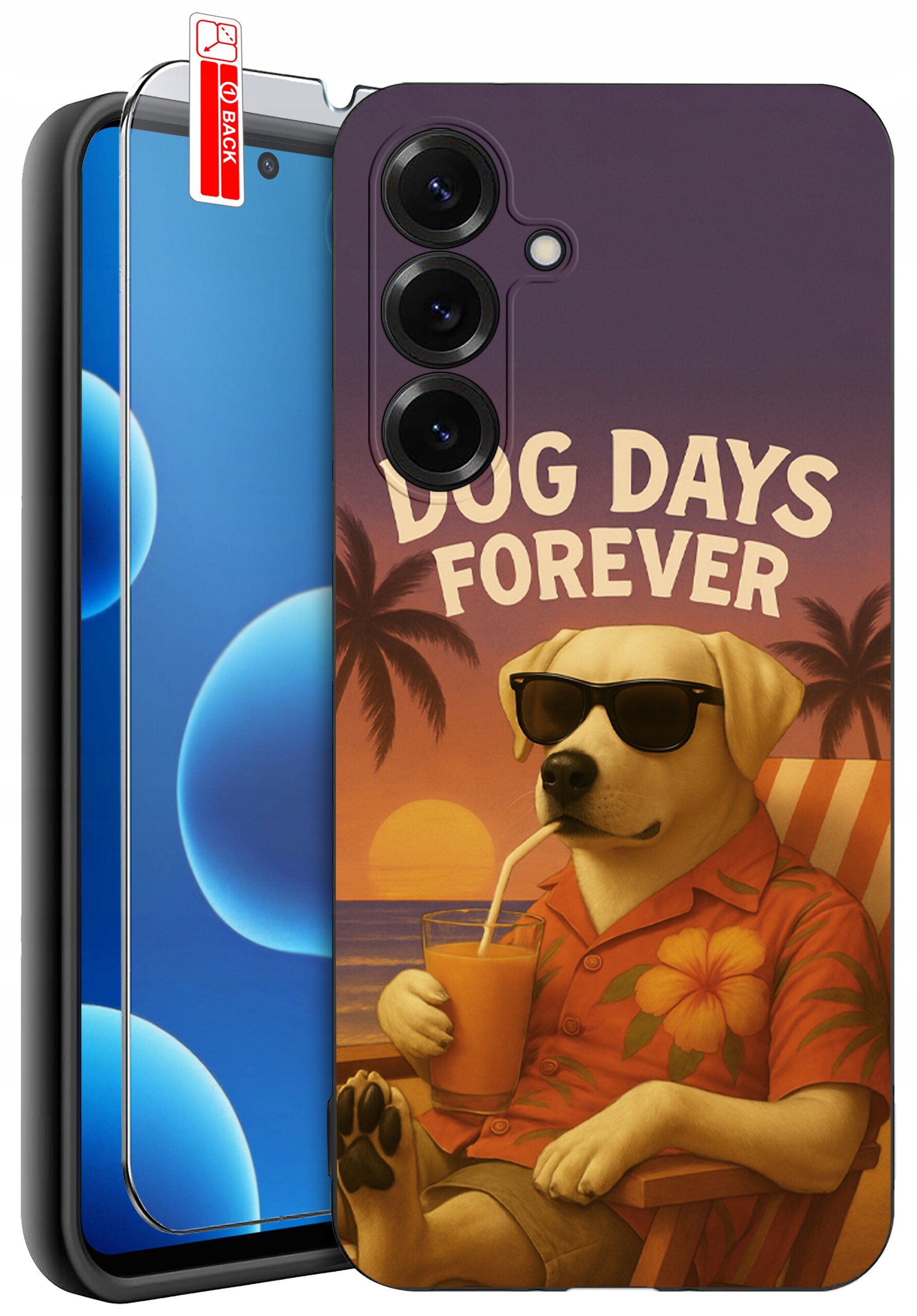 Etui na telefon z grafiką psa w okularach przeciwsłonecznych, siedzącego na leżaku z napojem, z napisem \'DOG DAYS FOREVER\'. W zestawie znajduje się również szkło ochronne na ekran.