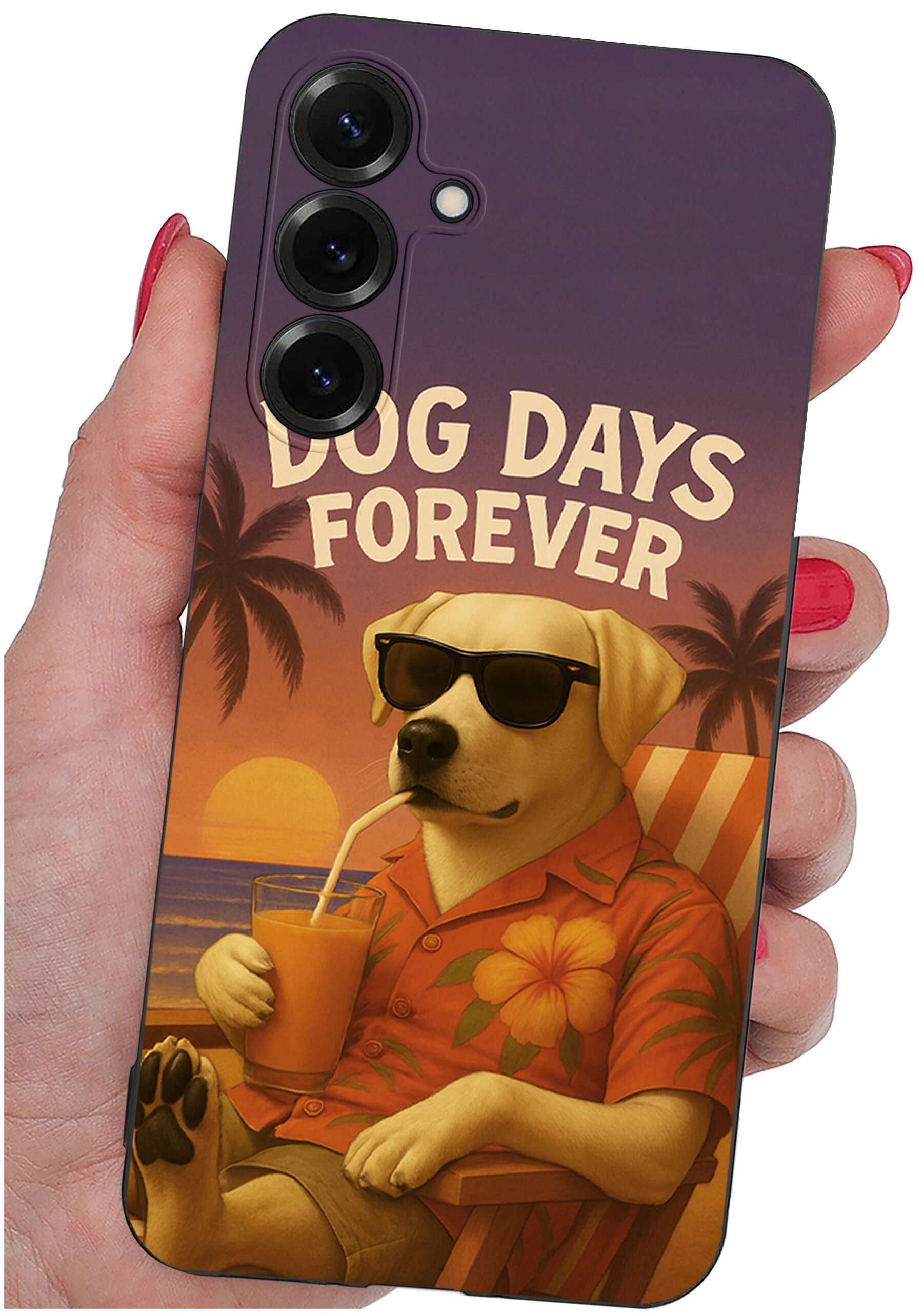 Etui na telefon z grafiką psa w okularach przeciwsłonecznych, siedzącego na leżaku z napojem w ręku. Na etui widnieje napis \'DOG DAYS FOREVER\'.