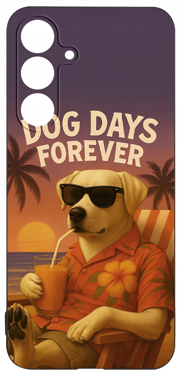 Etui z nadrukiem psa w okularach przeciwsłonecznych, siedzącego na leżaku z napojem w ręku. W tle widoczne palmy i zachód słońca, z napisem \'DOG DAYS FOREVER\'.