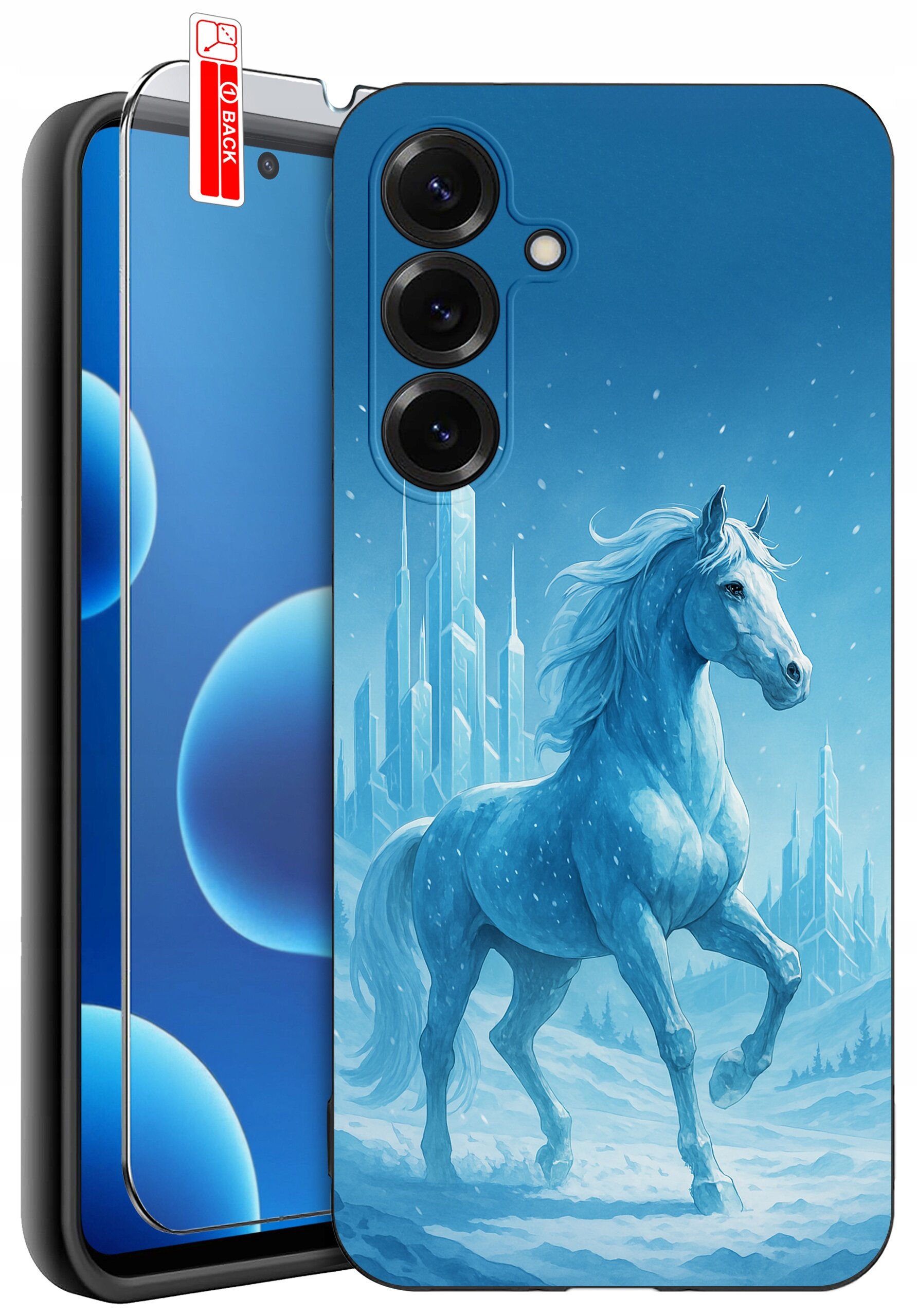 Etui na telefon z niebieskim wzorem przedstawiającym konia na tle lodowych wież. Obok etui znajduje się szkło ochronne z czerwoną etykietą \'BACK\'.