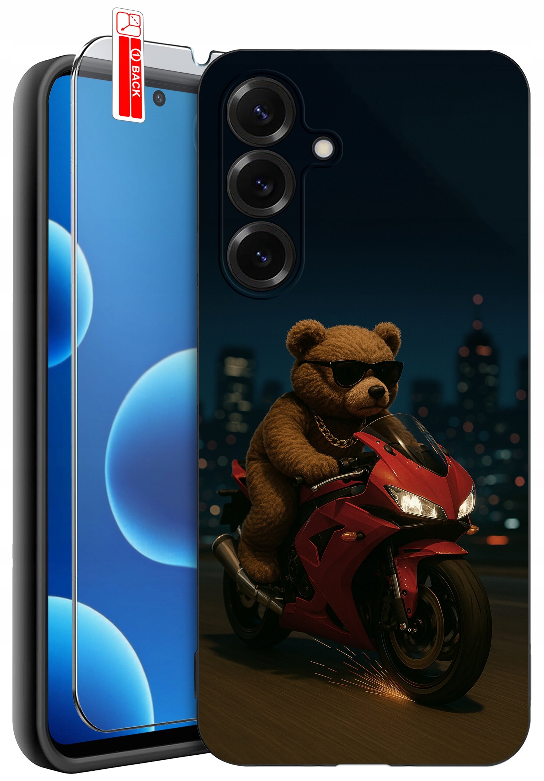 Etui na telefon z nadrukiem misia w okularach przeciwsłonecznych, jadącego na czerwonym motocyklu na tle nocnego miasta. Obok znajduje się szkło ochronne z napisem \'BACK\'.