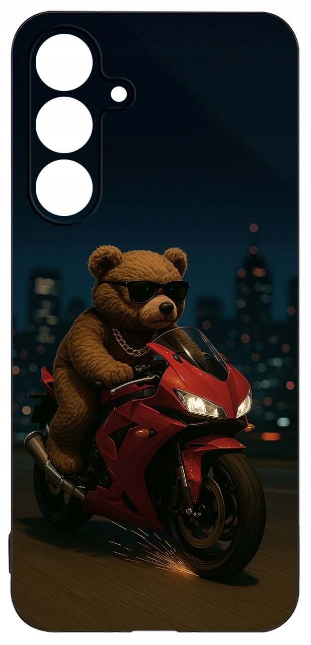 Etui z nadrukiem misia w okularach przeciwsłonecznych jadącego na czerwonym motocyklu na tle nocnego miasta.
