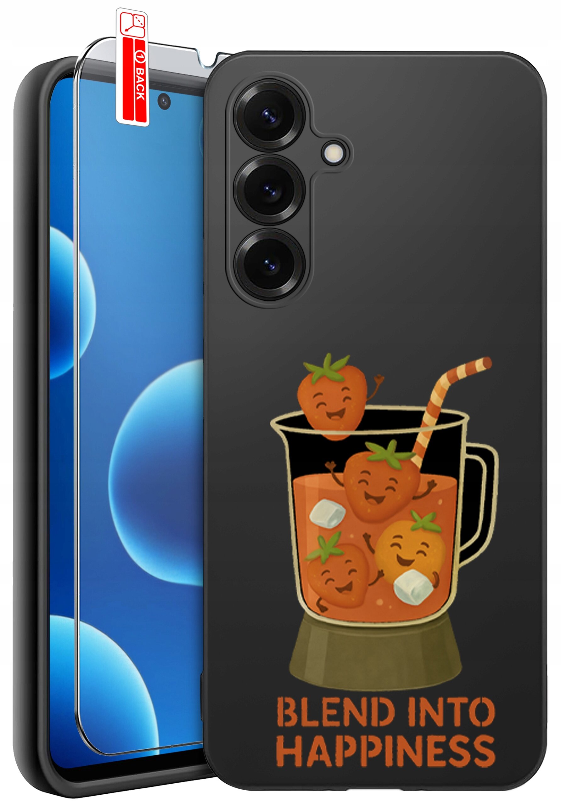 Etui na telefon z grafiką przedstawiającą uśmiechnięte truskawki w blenderze oraz napis \'BLEND INTO HAPPINESS\'. Obok etui znajduje się szkło ochronne na ekran z oznaczeniem \'BACK\'.
