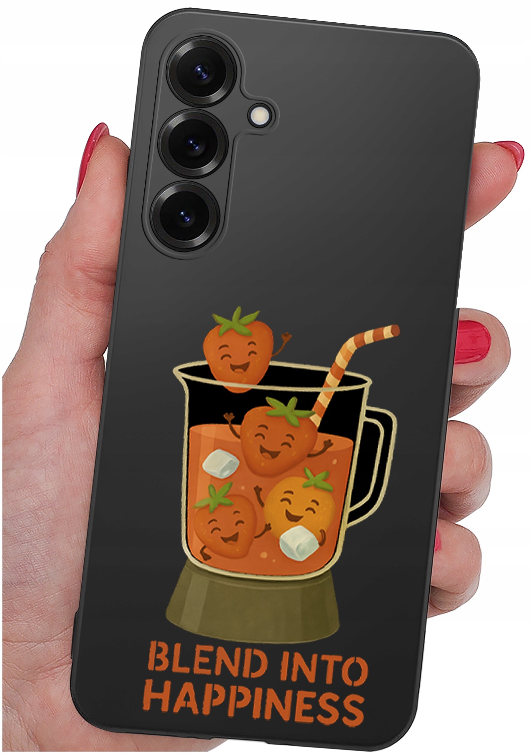 Etui na telefon z grafiką przedstawiającą uśmiechnięte truskawki w blenderze z napisem \'BLEND INTO HAPPINESS\'.
