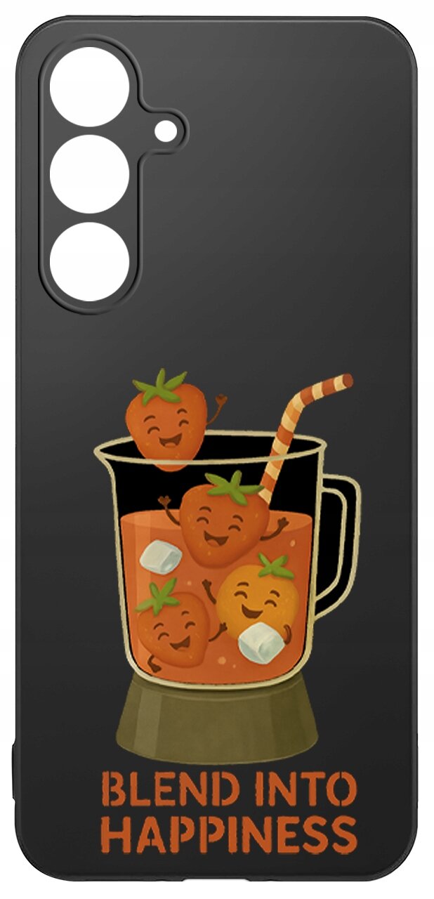 Czarne etui z grafiką przedstawiającą uśmiechnięte truskawki w blenderze z napisem \'BLEND INTO HAPPINESS\'.