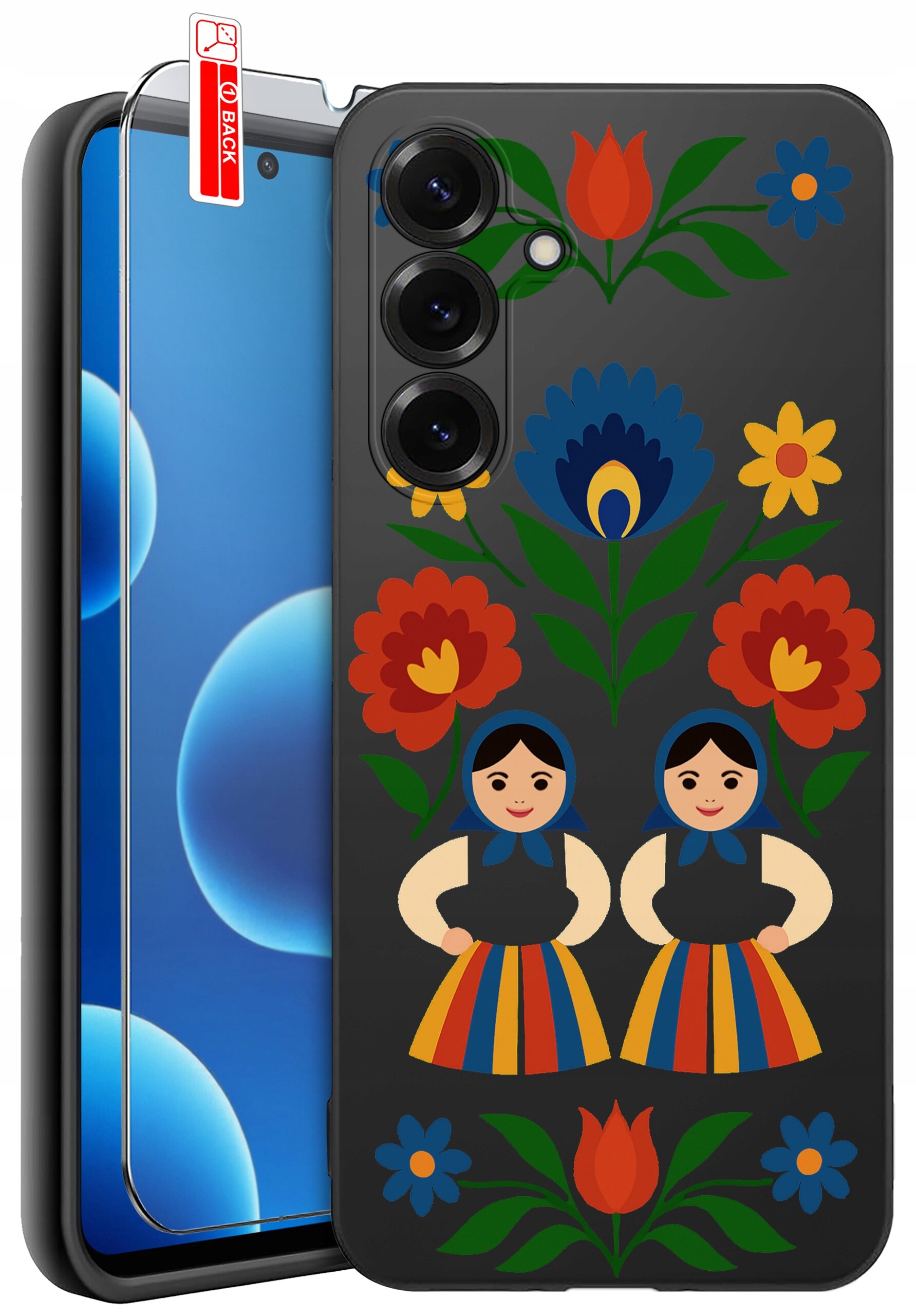 Etui na telefon z kolorowym wzorem ludowym przedstawiającym kwiaty i postacie w tradycyjnych strojach. Obok etui znajduje się szkło ochronne z oznaczeniem \'BACK\'.