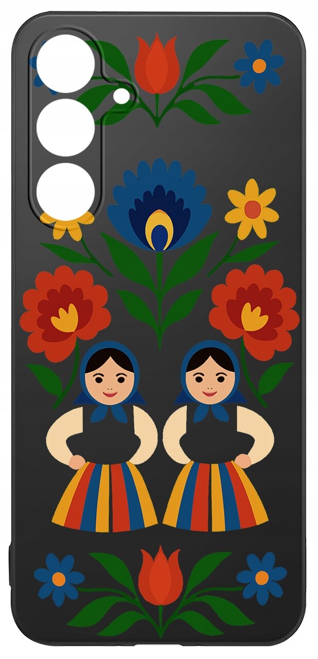 Etui na telefon z kolorowym wzorem ludowym, przedstawiającym dwie postacie w tradycyjnych strojach oraz kwiatowe motywy w żywych kolorach na czarnym tle.