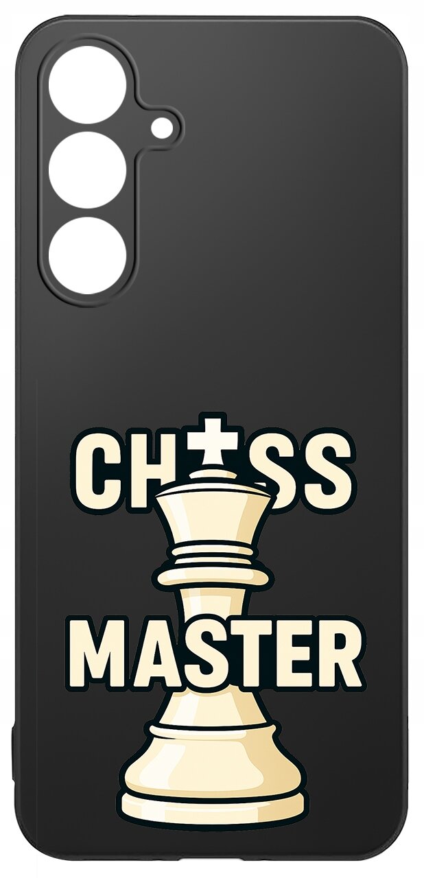 Czarne etui na telefon z grafiką przedstawiającą białą figurę szachową oraz napisem \'CHESS MASTER\'.