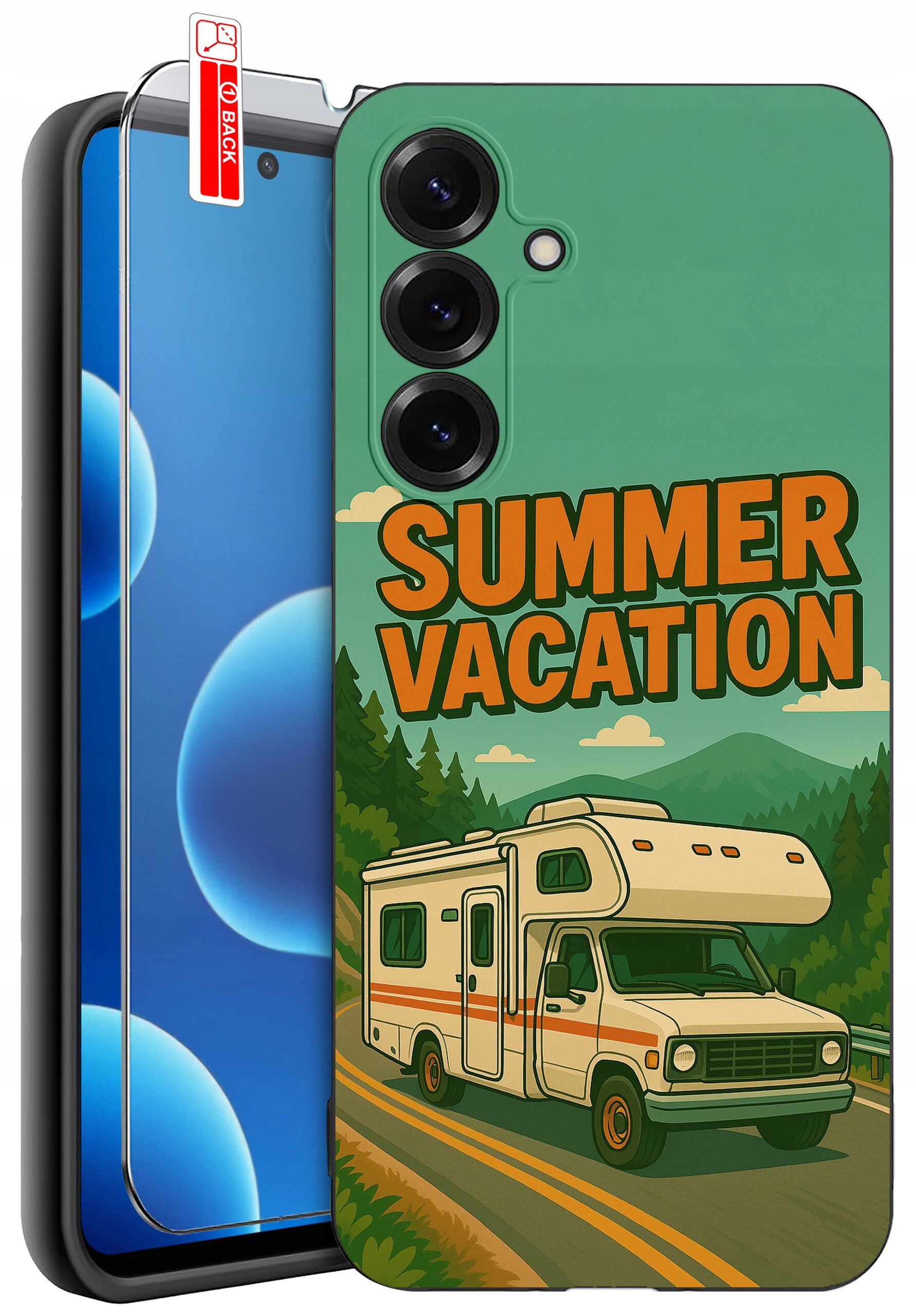 Etui na telefon z grafiką przedstawiającą kampera na drodze z napisem \'SUMMER VACATION\'. Obok etui znajduje się szkło ochronne z oznaczeniem \'BACK\'.