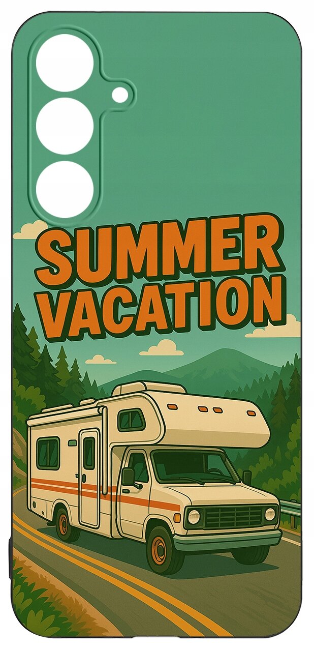Etui na telefon z grafiką przedstawiającą kampera na drodze w otoczeniu gór i lasów oraz napisem \'SUMMER VACATION\'.