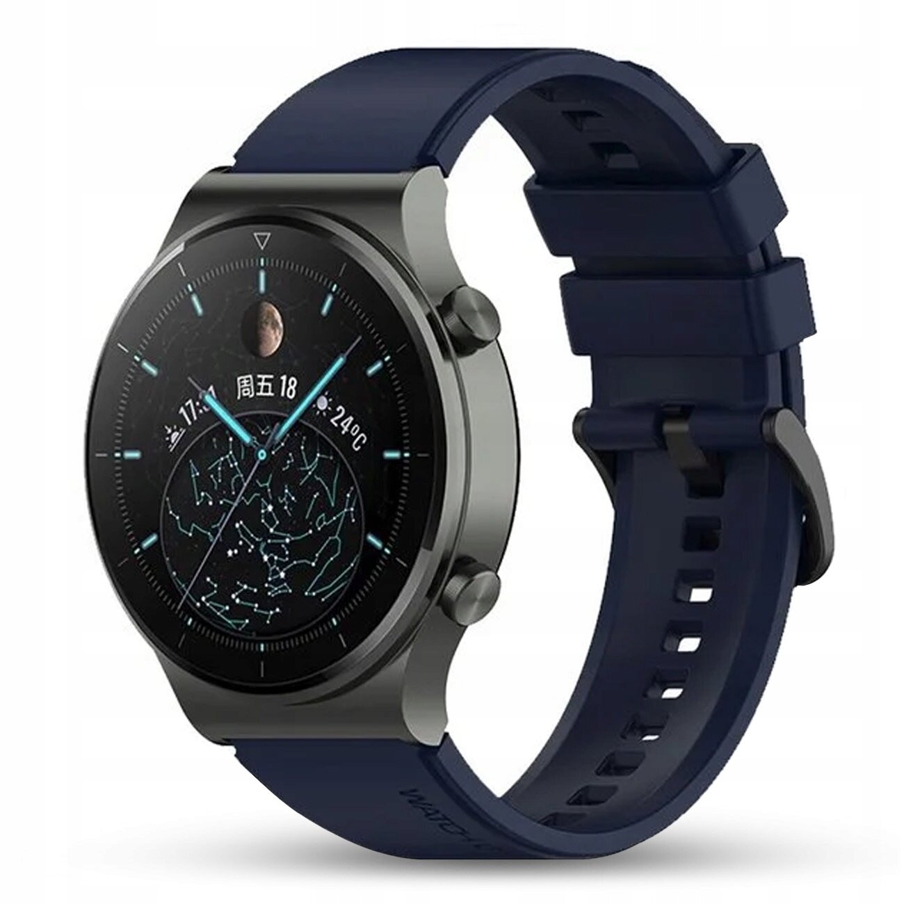 Smartwatch z okrągłą tarczą i ciemnym, silikonowym paskiem. Na wyświetlaczu widoczny jest motyw gwiezdny oraz cyfry i symbole w języku chińskim.