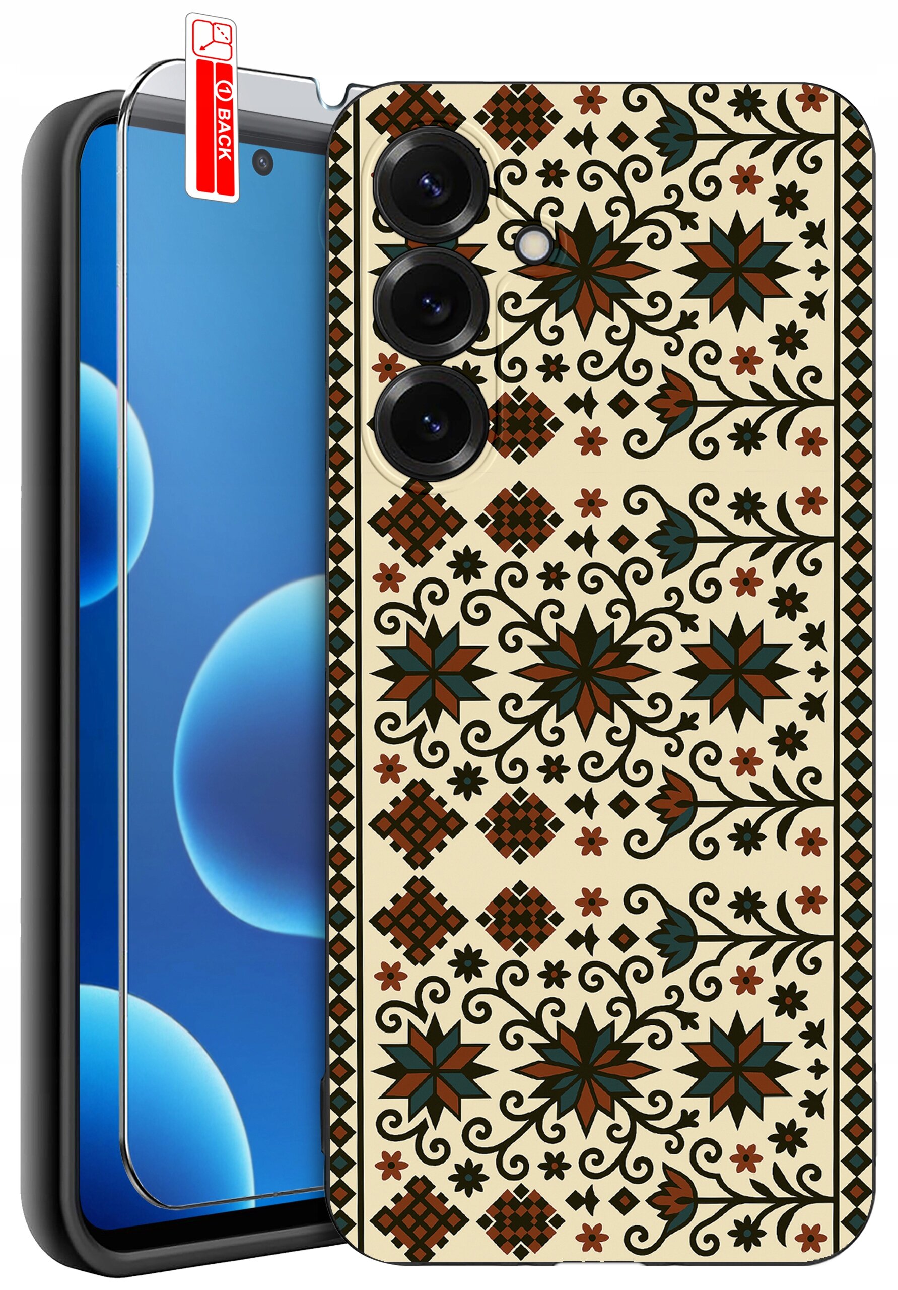 Etui na telefon z wzorem w stylu etnicznym, z motywami kwiatowymi i geometrycznymi w kolorach brązu i zieleni. Obok etui znajduje się szkło ochronne z napisem \'BACK\'.