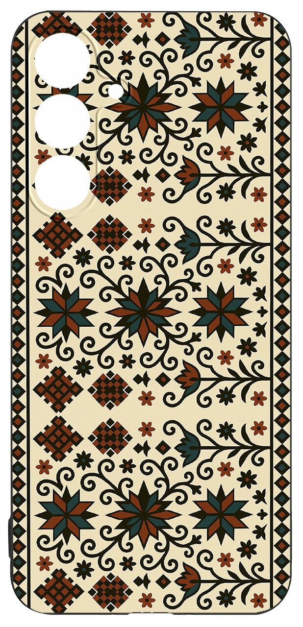 Etui na telefon z wzorem w stylu folkowym, zawierającym kwiatowe i geometryczne motywy w kolorach czarnym, brązowym i zielonym na beżowym tle.