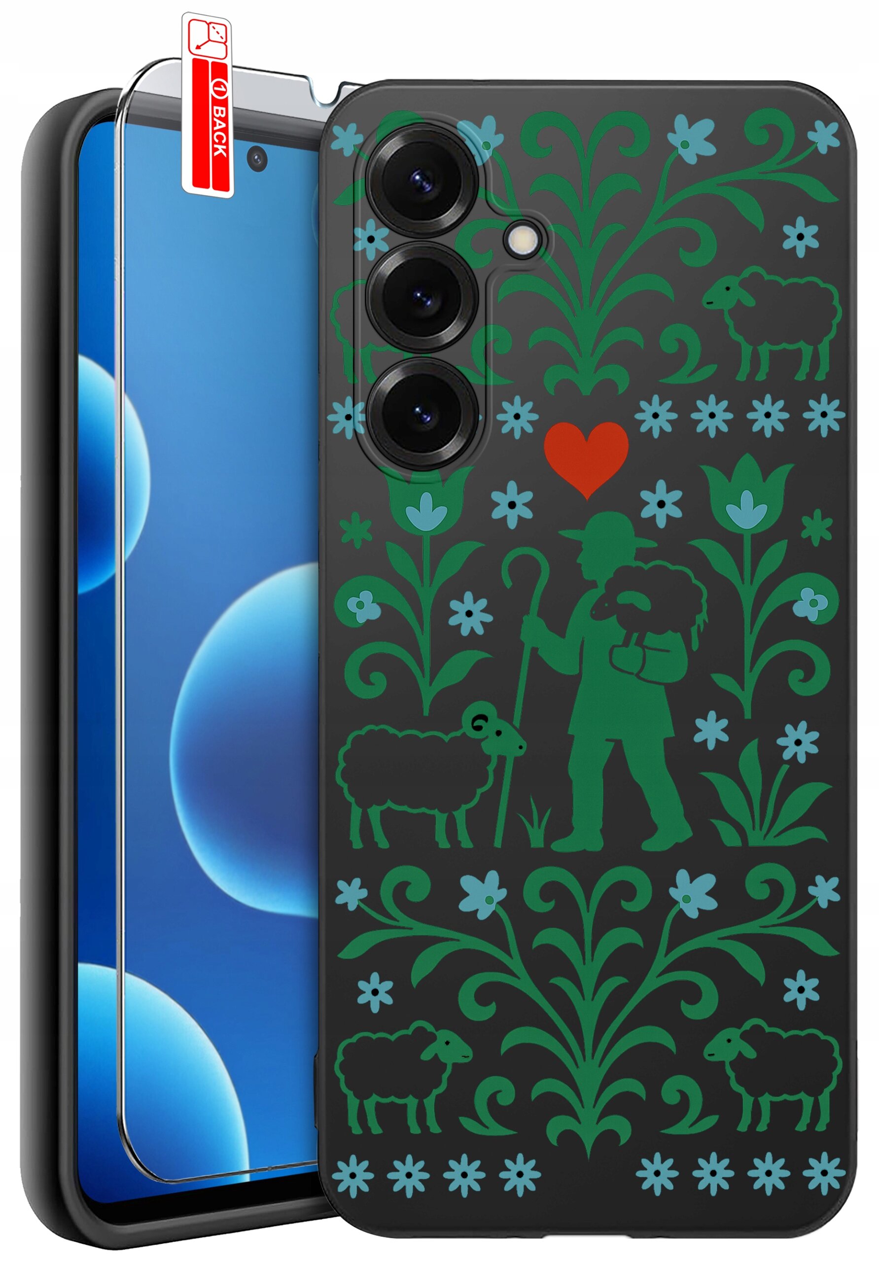 Etui na telefon z wzorem przedstawiającym pasterza z owcami, otoczonego zielonymi roślinami i kwiatami na ciemnym tle. Obok etui znajduje się szkło ochronne z napisem \'BACK\'.