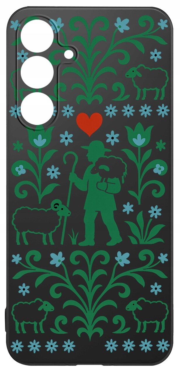 Etui na telefon z motywem pasterza z owcami, otoczonego zielonymi roślinami i niebieskimi kwiatami na czarnym tle. W centralnej części znajduje się czerwone serce.