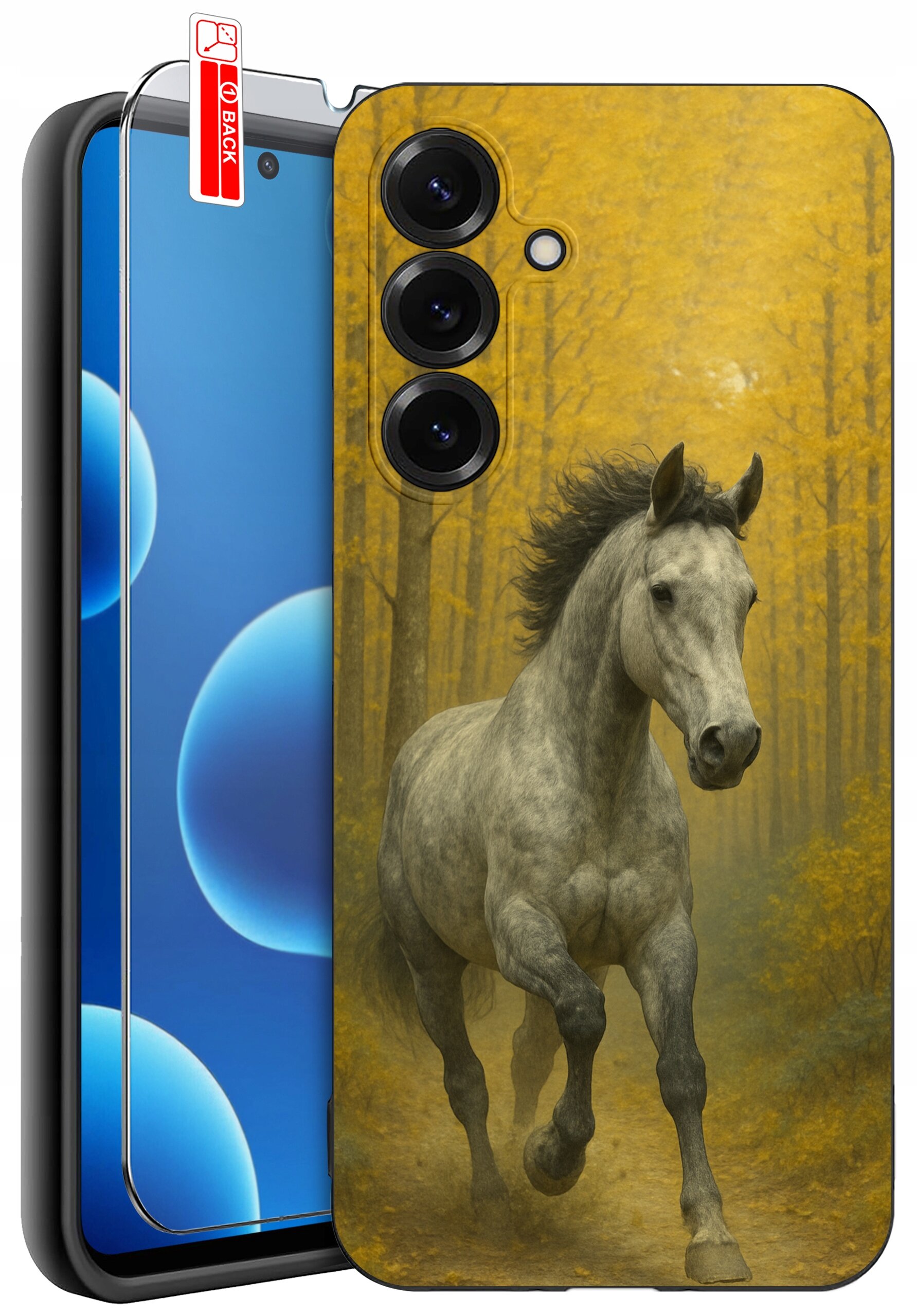 Etui na telefon z nadrukiem biegnącego konia na tle jesiennego lasu, obok widoczne szkło ochronne z napisem \'BACK\'.