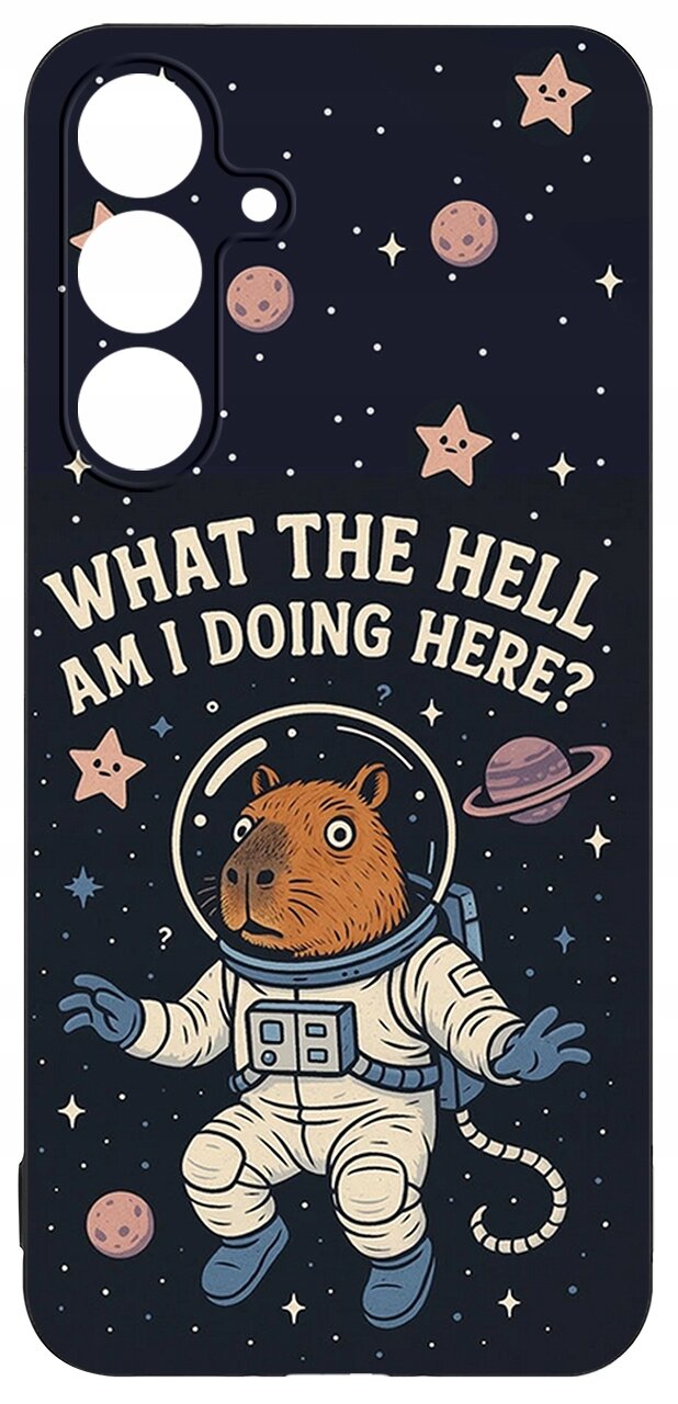 Etui z nadrukiem kosmonauty w skafandrze z głową kapibary, otoczonego gwiazdami i planetami. Na górze widnieje tekst: \'WHAT THE HELL AM I DOING HERE?\'.